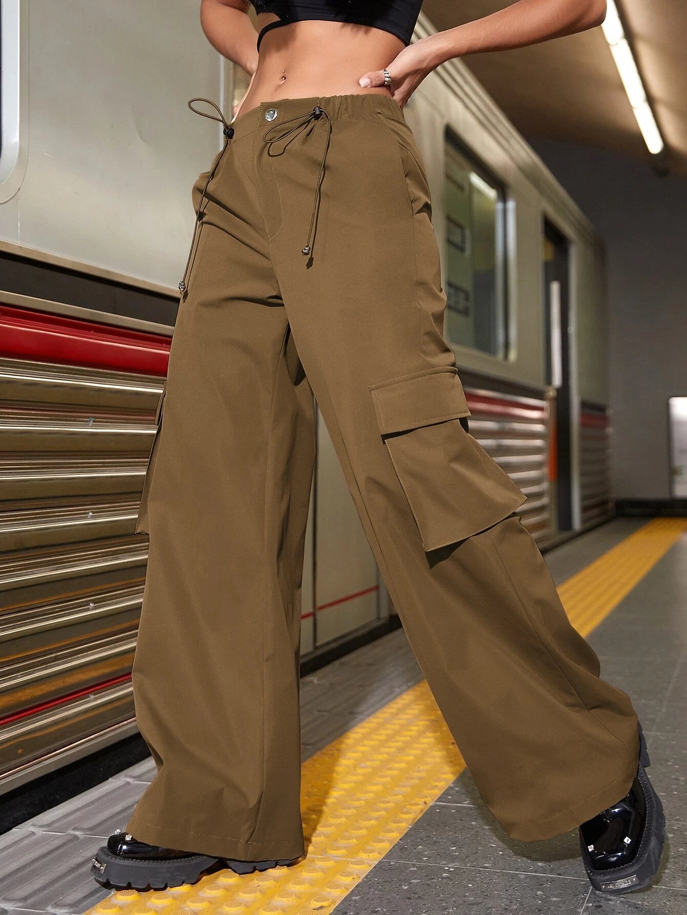 Street Drawstring Waist Flap Pockets Parachute Cargo Pants - Stretch Com – back view detail