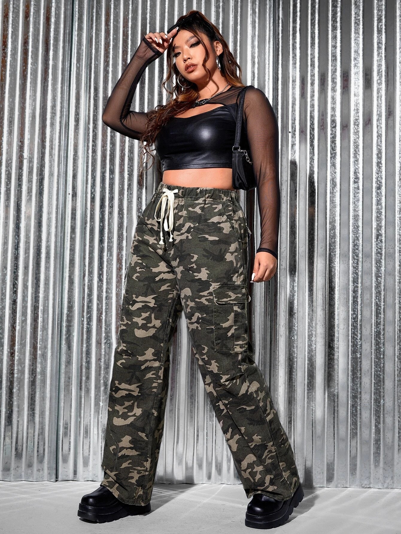 Camo Print Drawstring Waist Cargo Jeans Style 1 – full length outfit view
