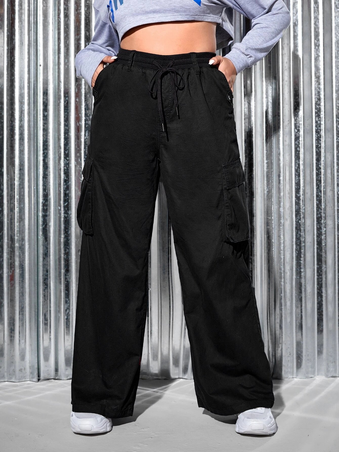 Drawstring Waist Flap Pocket Side Cargo Jeans – side profile view