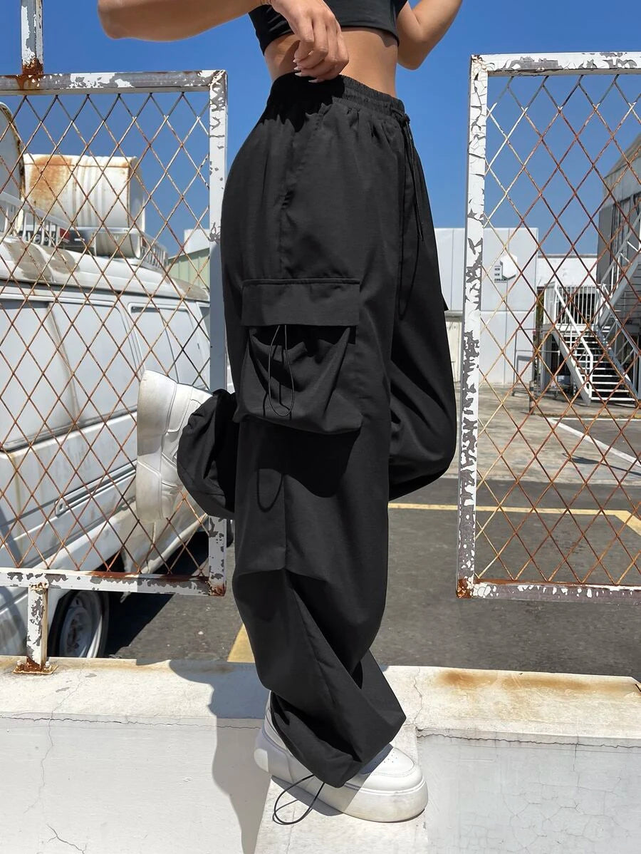 Flap Pocket Side Drawstring Waist Cargo Pants in Black #s-14 – styled outfit view