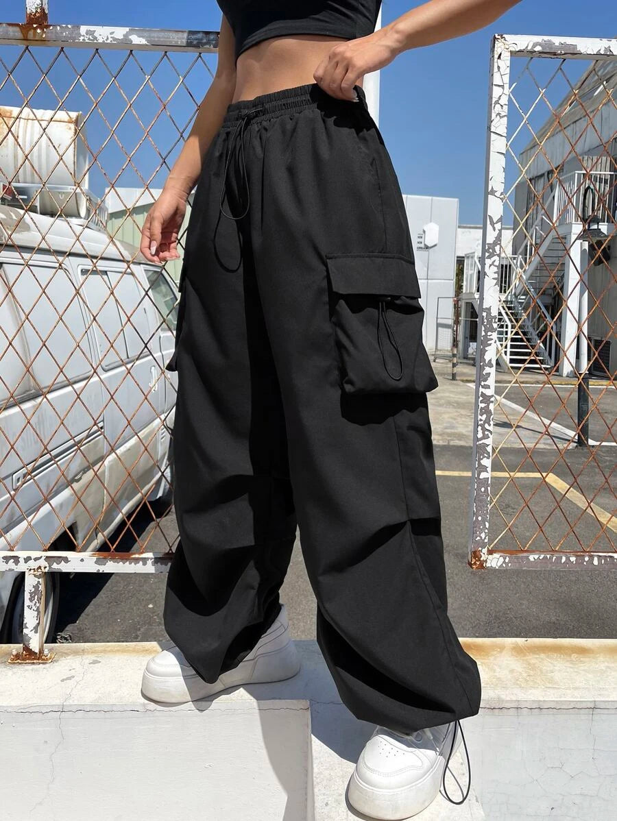 Flap Pocket Side Drawstring Waist Cargo Pants in Black #s-14 – full length outfit view