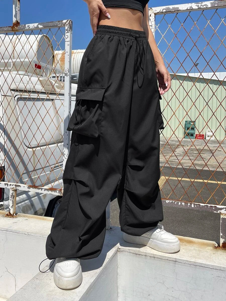 Flap Pocket Side Drawstring Waist Cargo Pants in Black #s-14 – fabric detail close-up