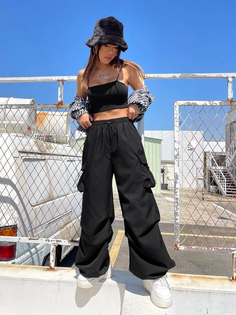 Flap Pocket Side Drawstring Waist Cargo Pants in Black #s-14 – model wearing view