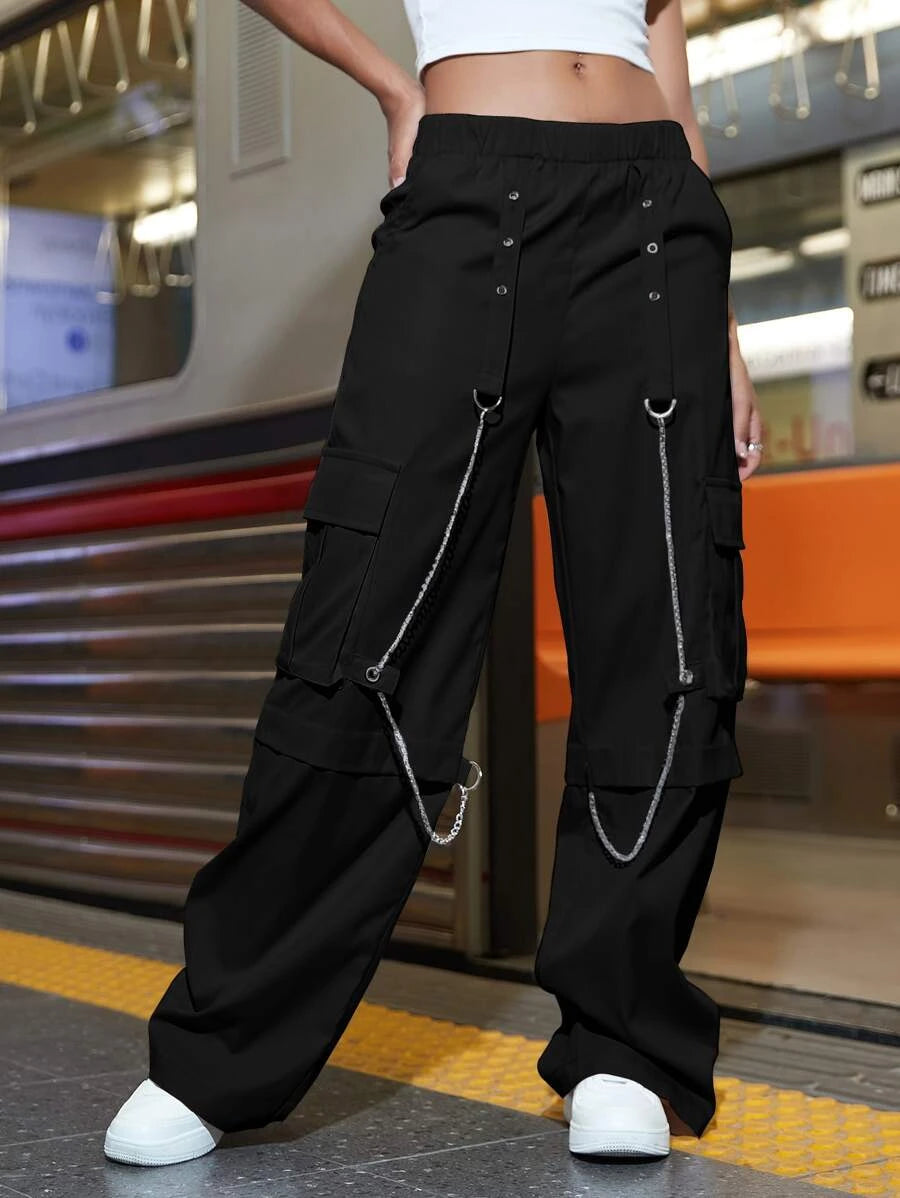 Chain Detail Flap Pocket Cargo Pants – back view detail