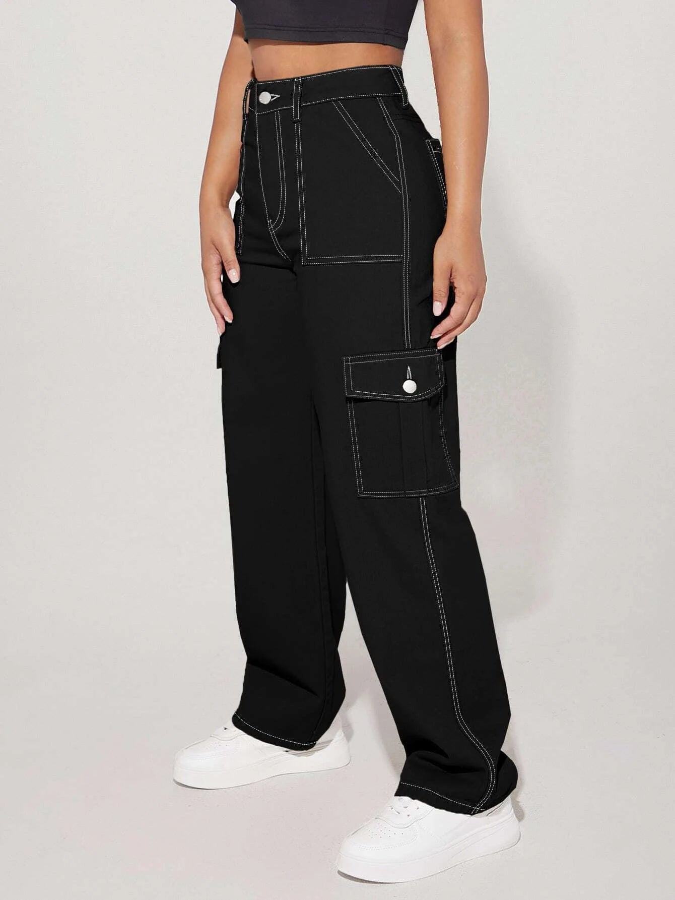 High Waist Flap Cargo Jeans – full length outfit view