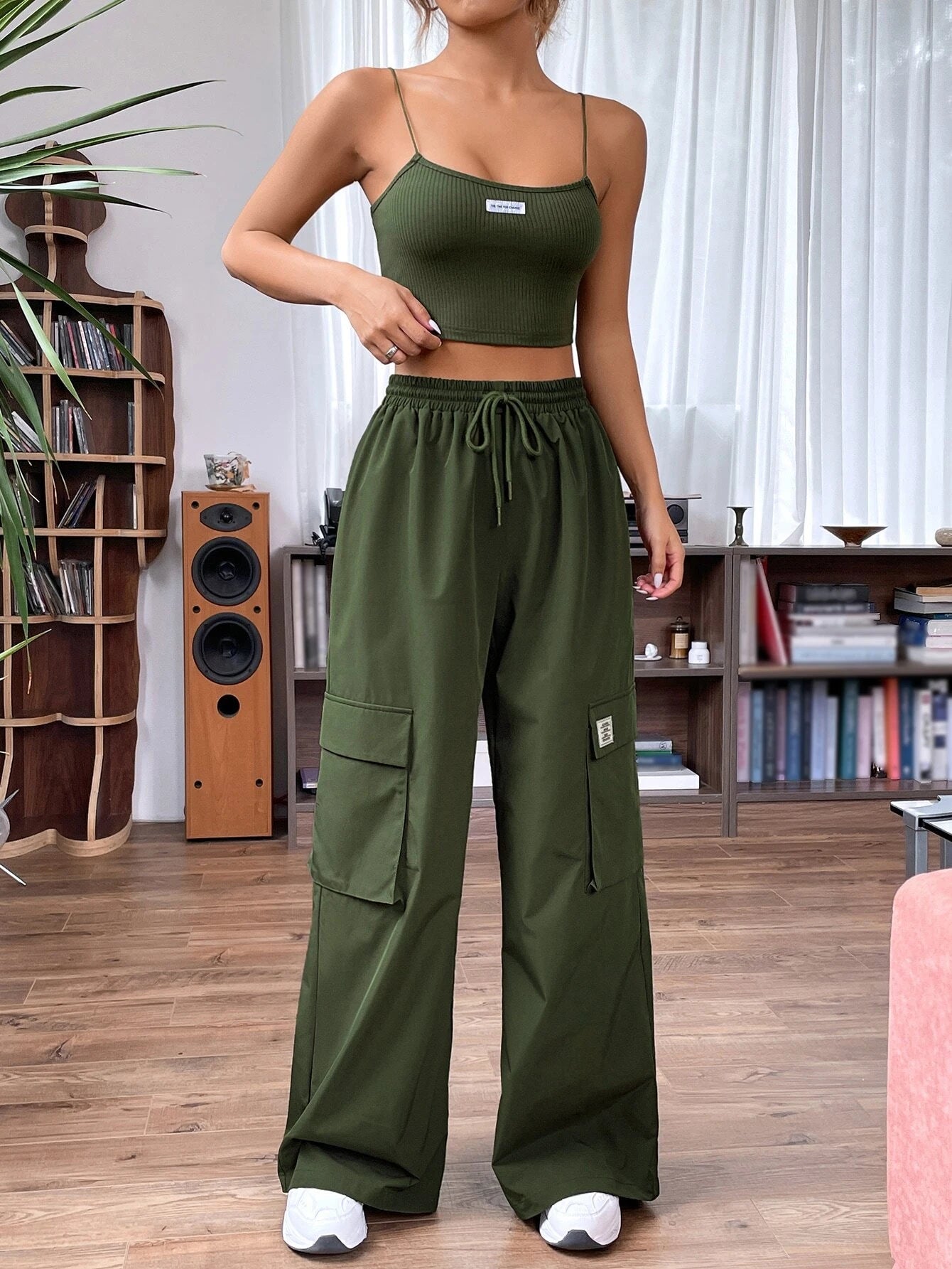 Letter Patched Cami Top And Cargo Pants – women's cargo pants front view