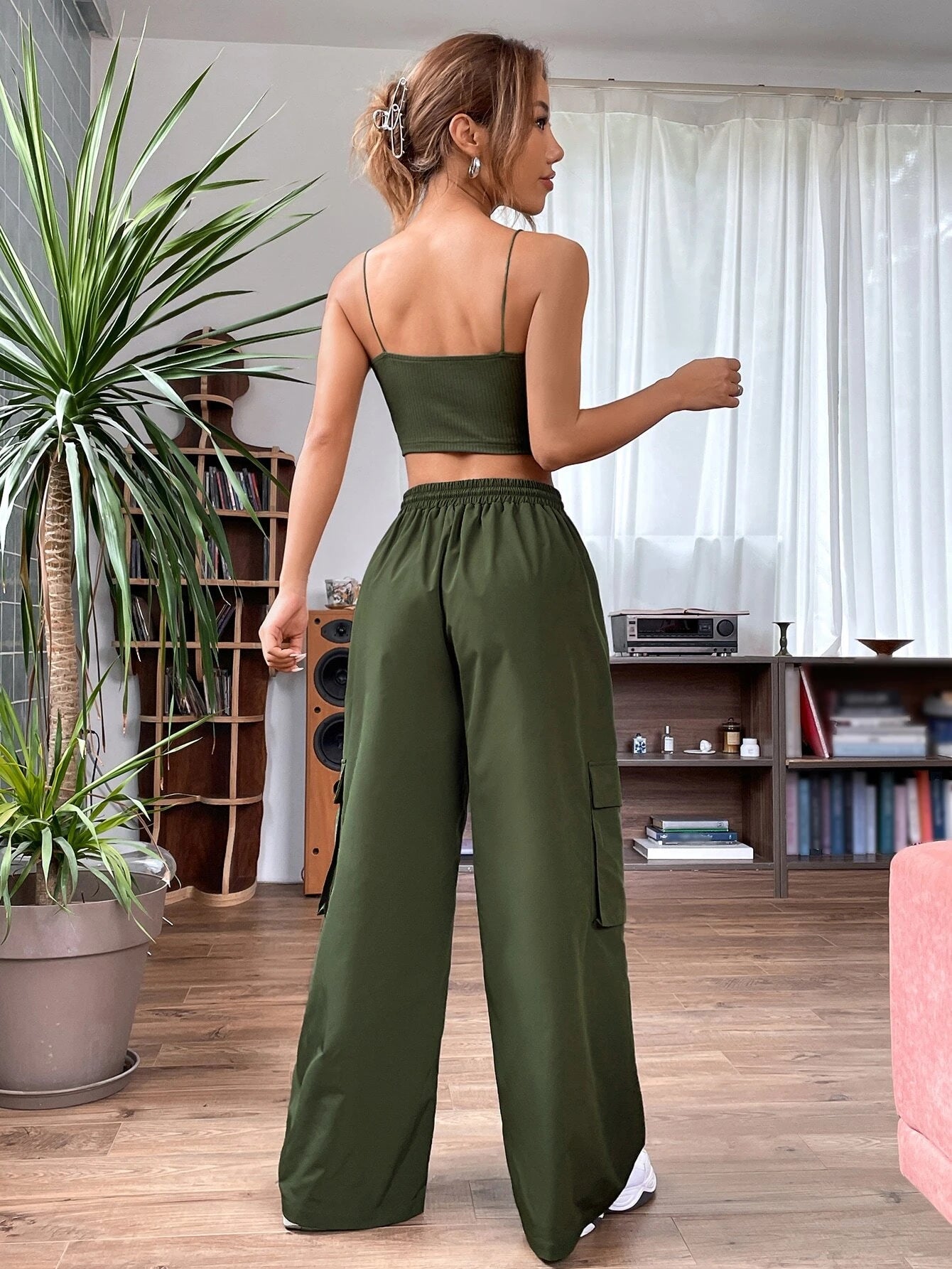 Letter Patched Cami Top And Cargo Pants – side profile view