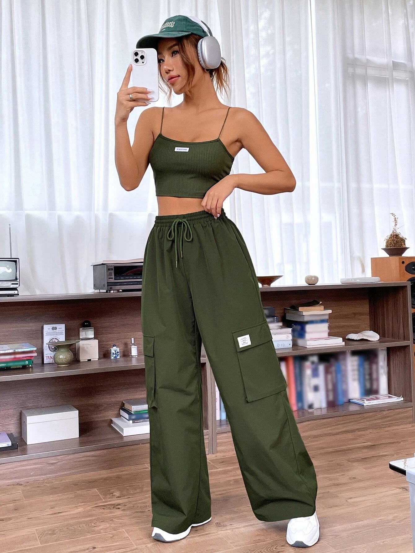Letter Patched Cami Top And Cargo Pants – full length outfit view