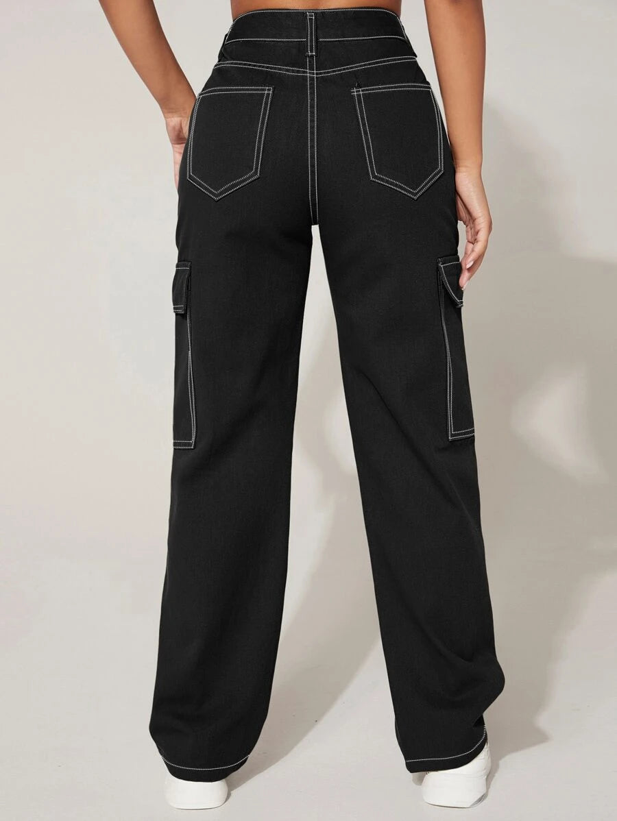 Trendy Flap Pocket High Waist Denim Cargo Jeans – styled outfit view