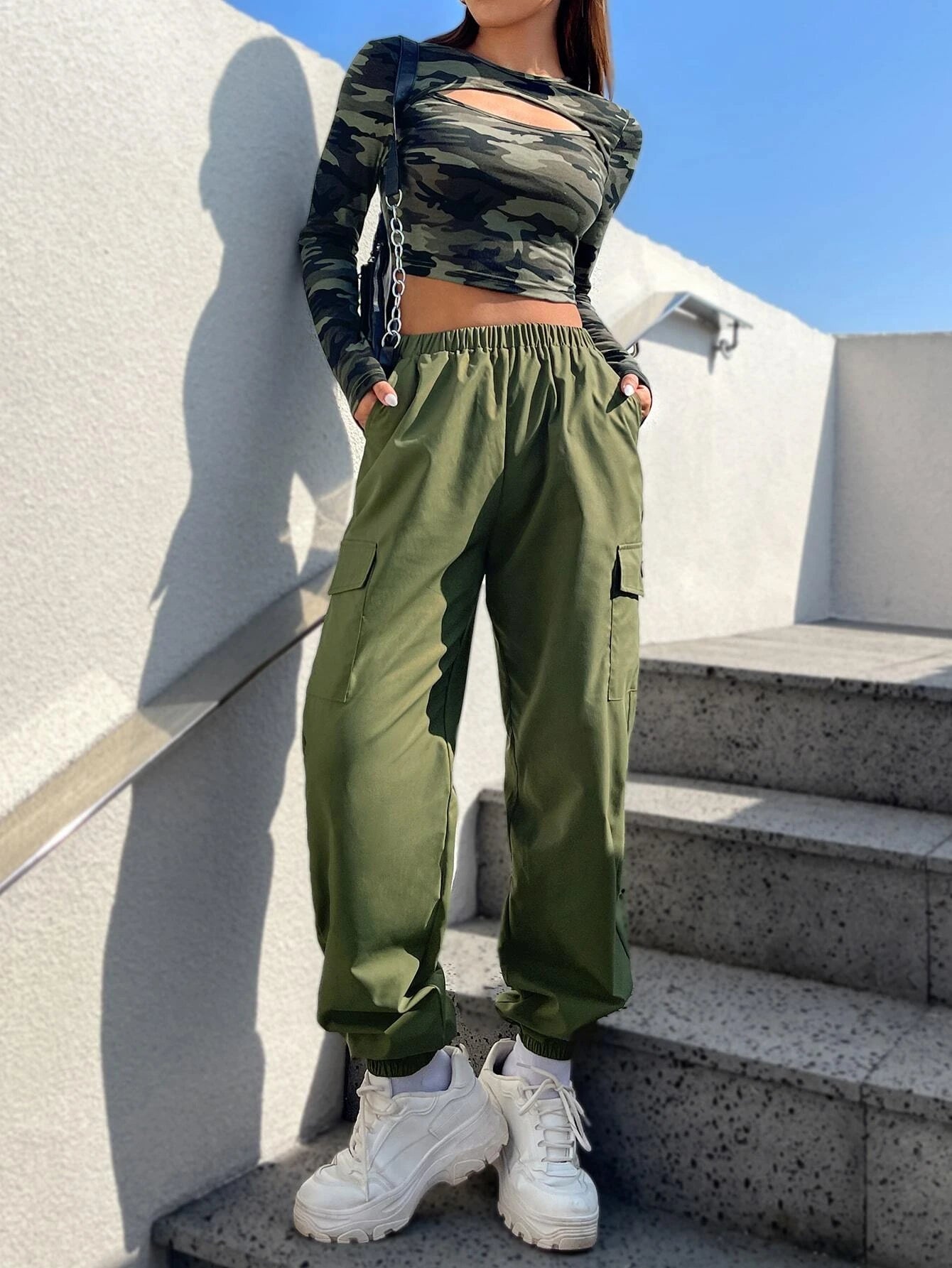 Camo Print Crop Tee And Cargo Pants – back view detail