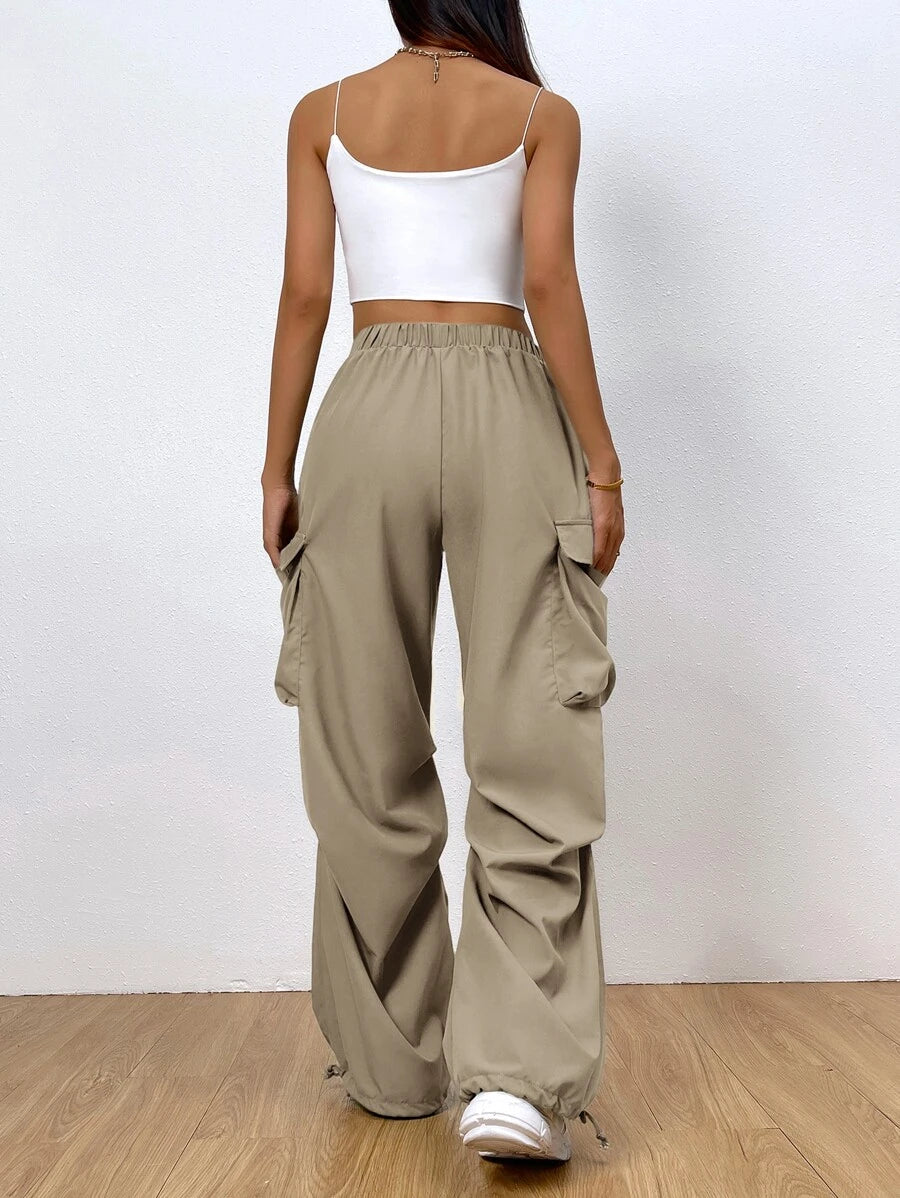 Flap Pocket Side Drawstring Hem Casual Cargo Pants – fit and style view