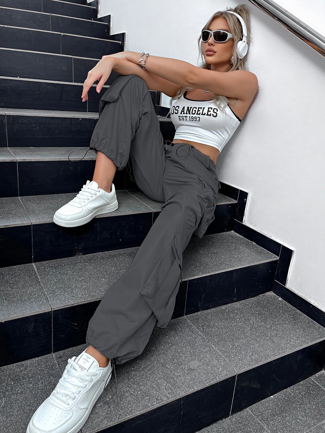 Drawstring High Waist Ruched Parachute Pants – styled outfit view