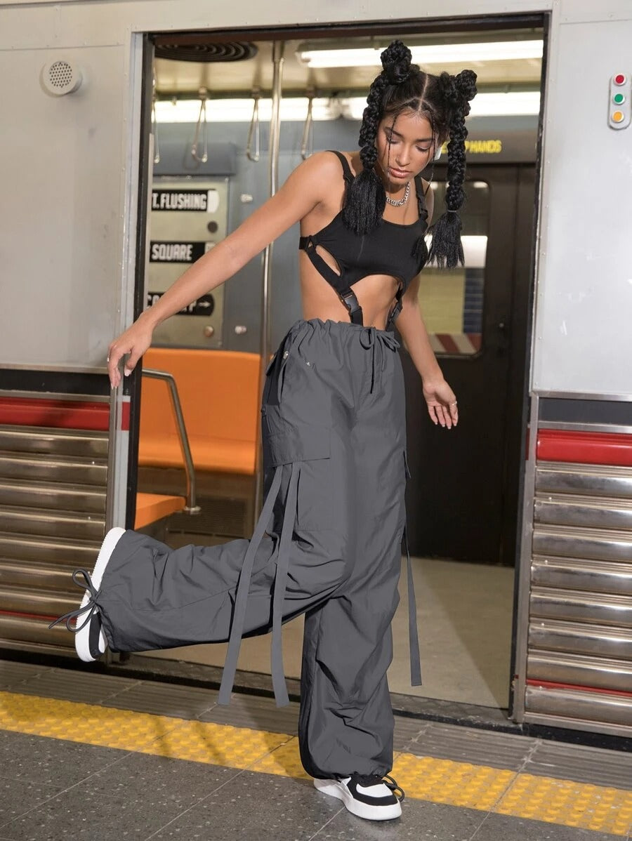 Flap Pocket Drawstring Hem Cargo Parachute Pants in Light Gray – styled outfit view