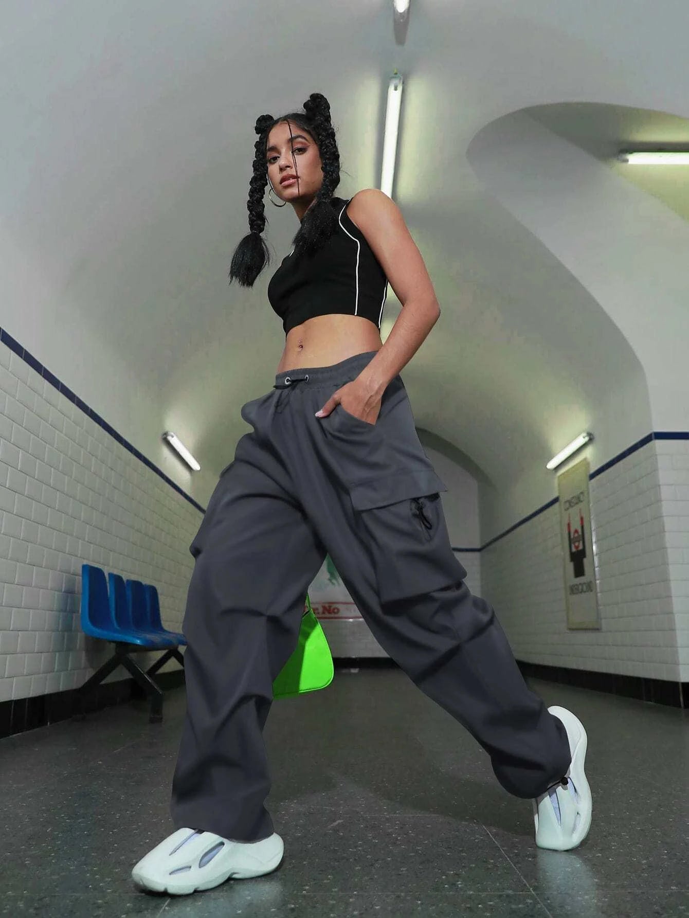 Drawstring Flap Pocket Parachute Cargo Pant – styled outfit view