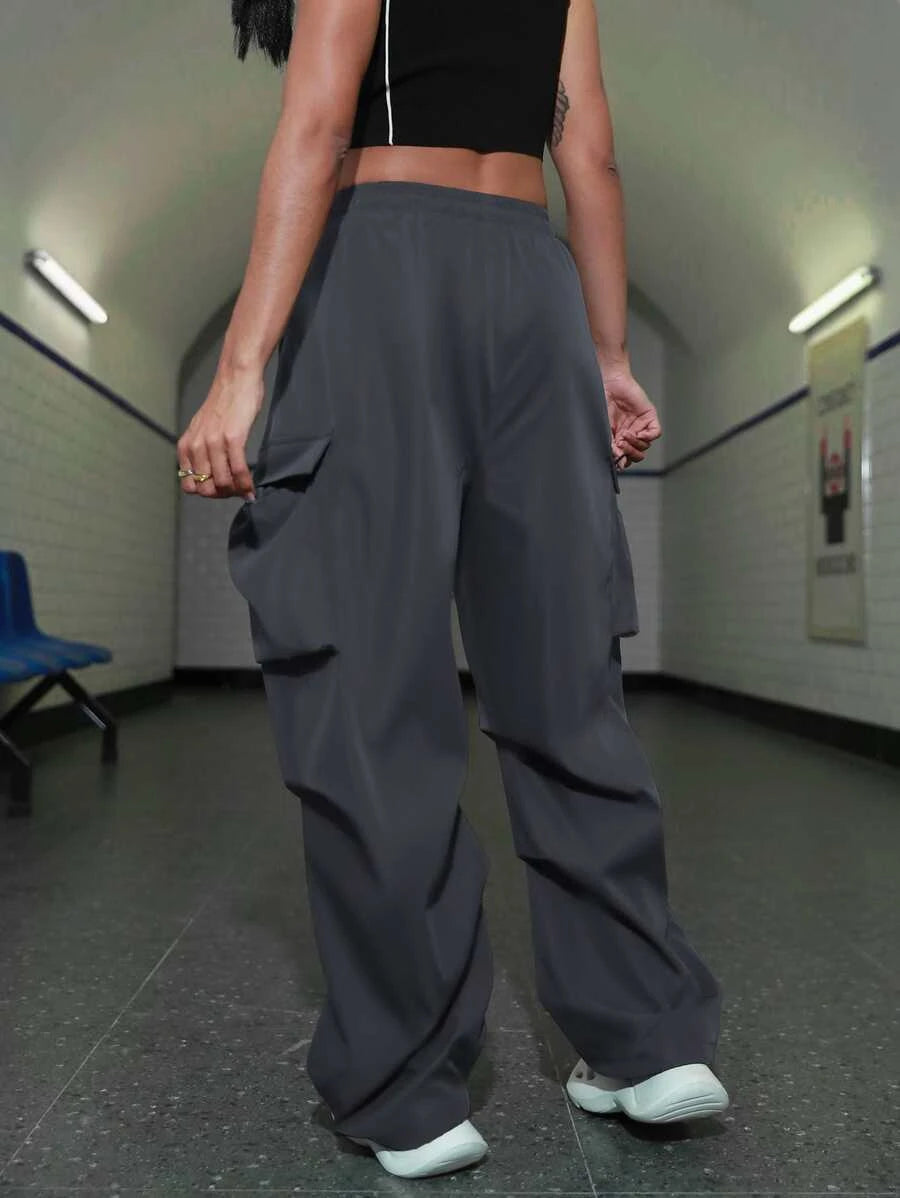 Hip Hop Flap Pocket Drawstring Waist Parachute Cargo Pants - Stretch Com – lifestyle view 31