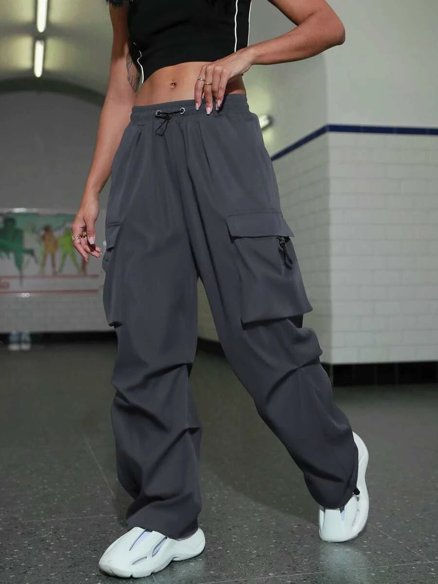Hip Hop Flap Pocket Drawstring Waist Parachute Cargo Pants - Stretch Com – lifestyle view 35