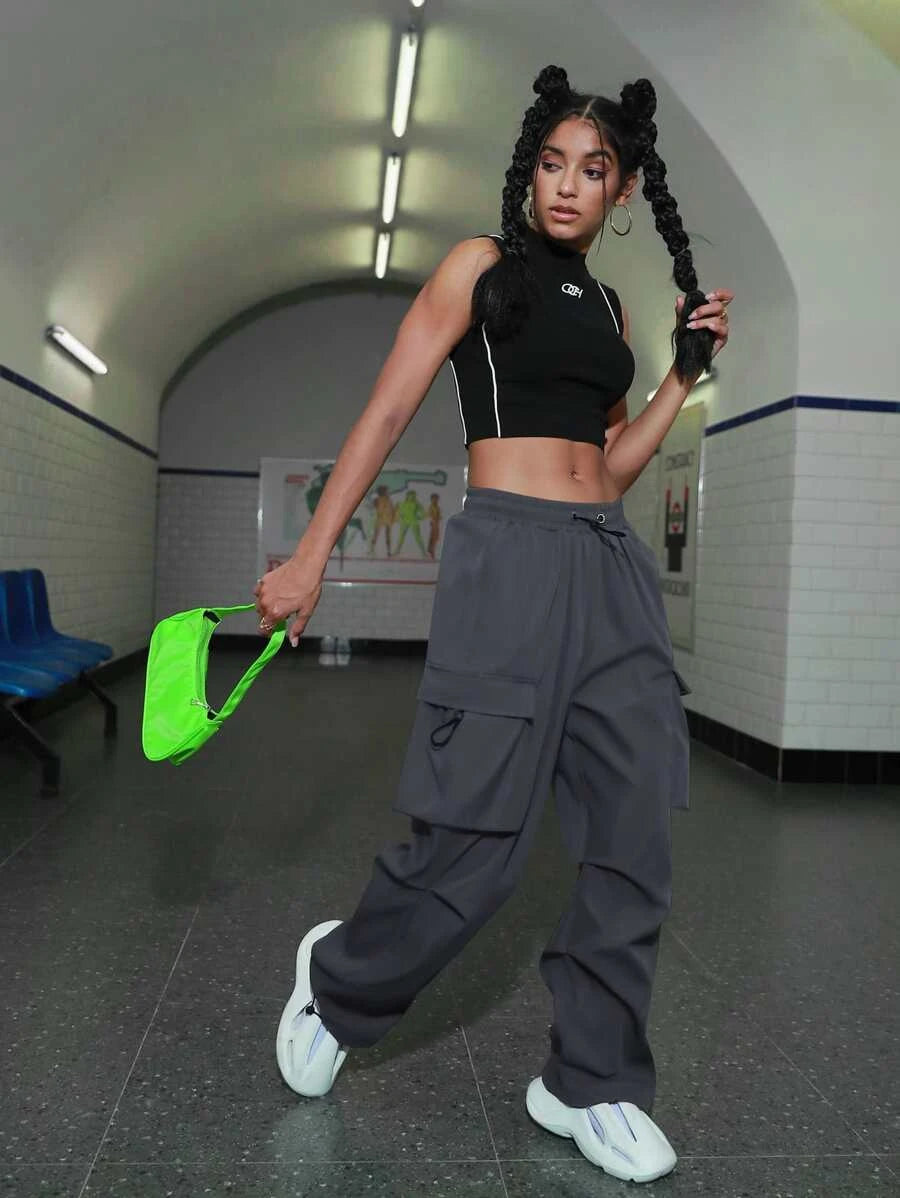 Hip Hop Flap Pocket Drawstring Waist Parachute Cargo Pants - Stretch Com – lifestyle view 34