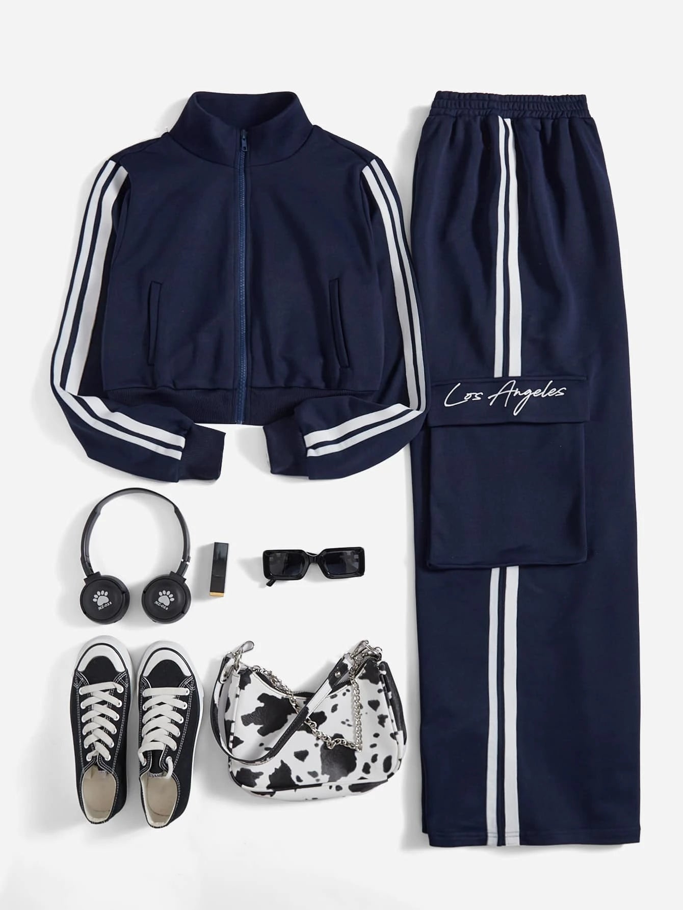 Striped Jacket And Flap Pocket Cargo Pants – side profile view