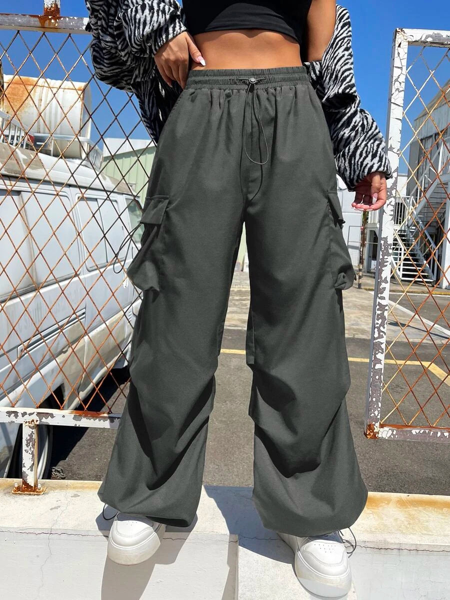 Flap Pocket Side Drawstring Waist Cargo Pants in Black #s-14 – lifestyle view 17