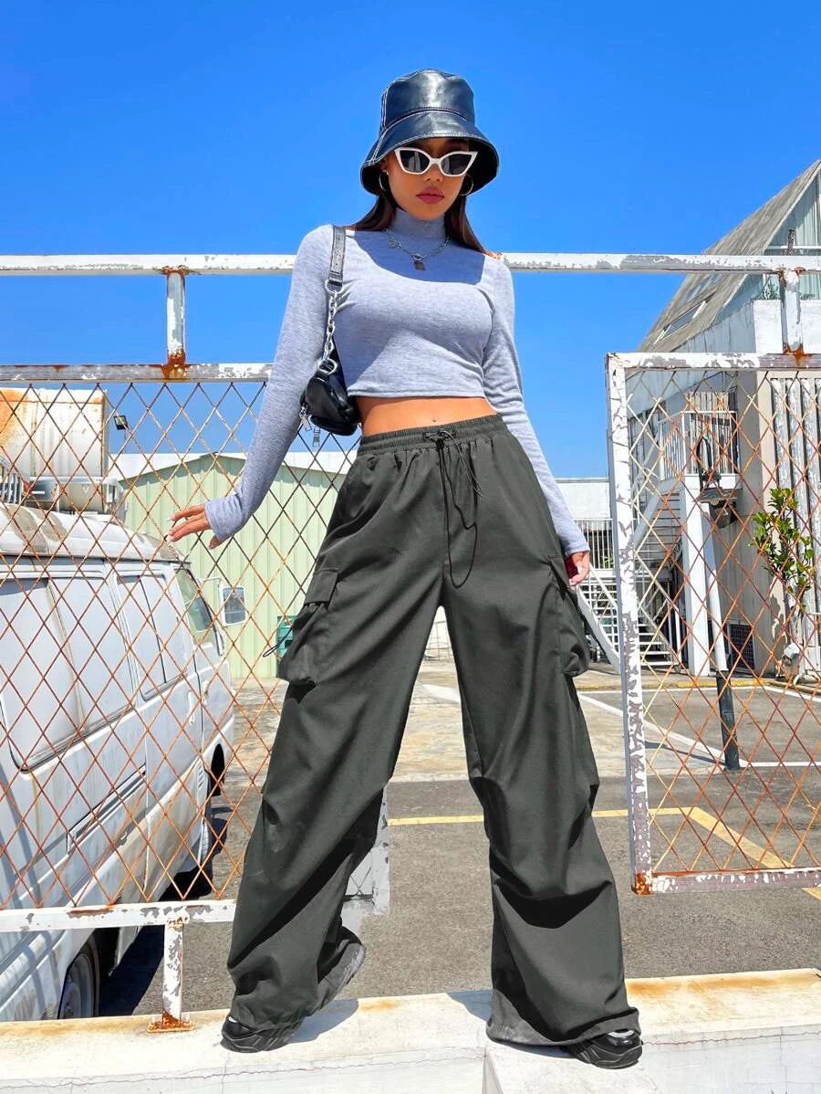 Flap Pocket Side Drawstring Waist Cargo Pants in Black #s-14 – lifestyle view 12