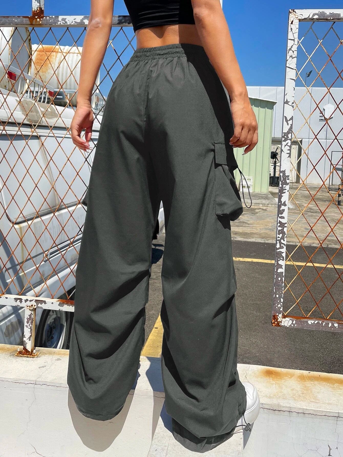 Flap Pocket Side Drawstring Waist Cargo Pants in Black #s-14 – lifestyle view 14