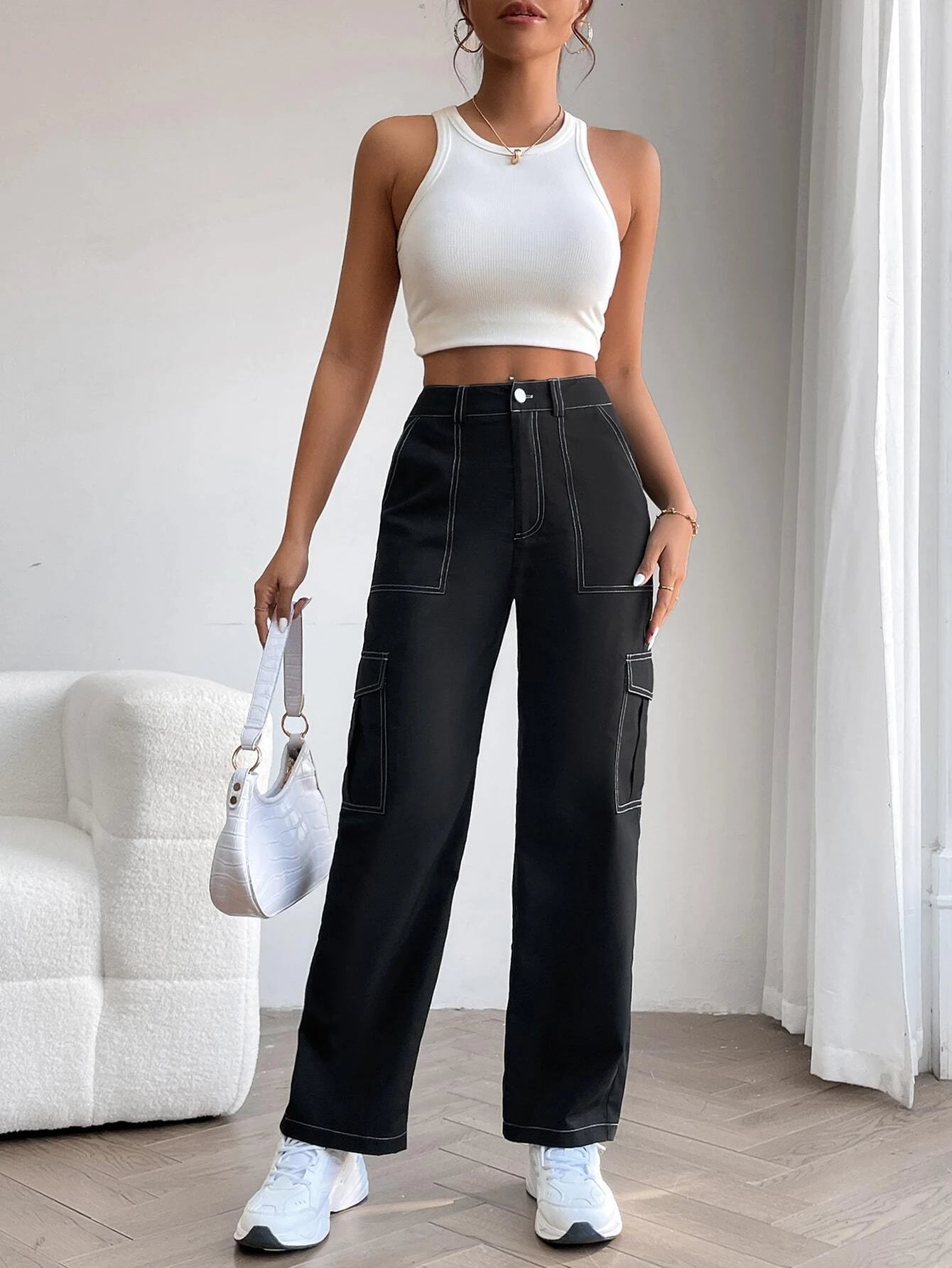 Casual Top Stitching Cargo Pants – pocket detail close-up