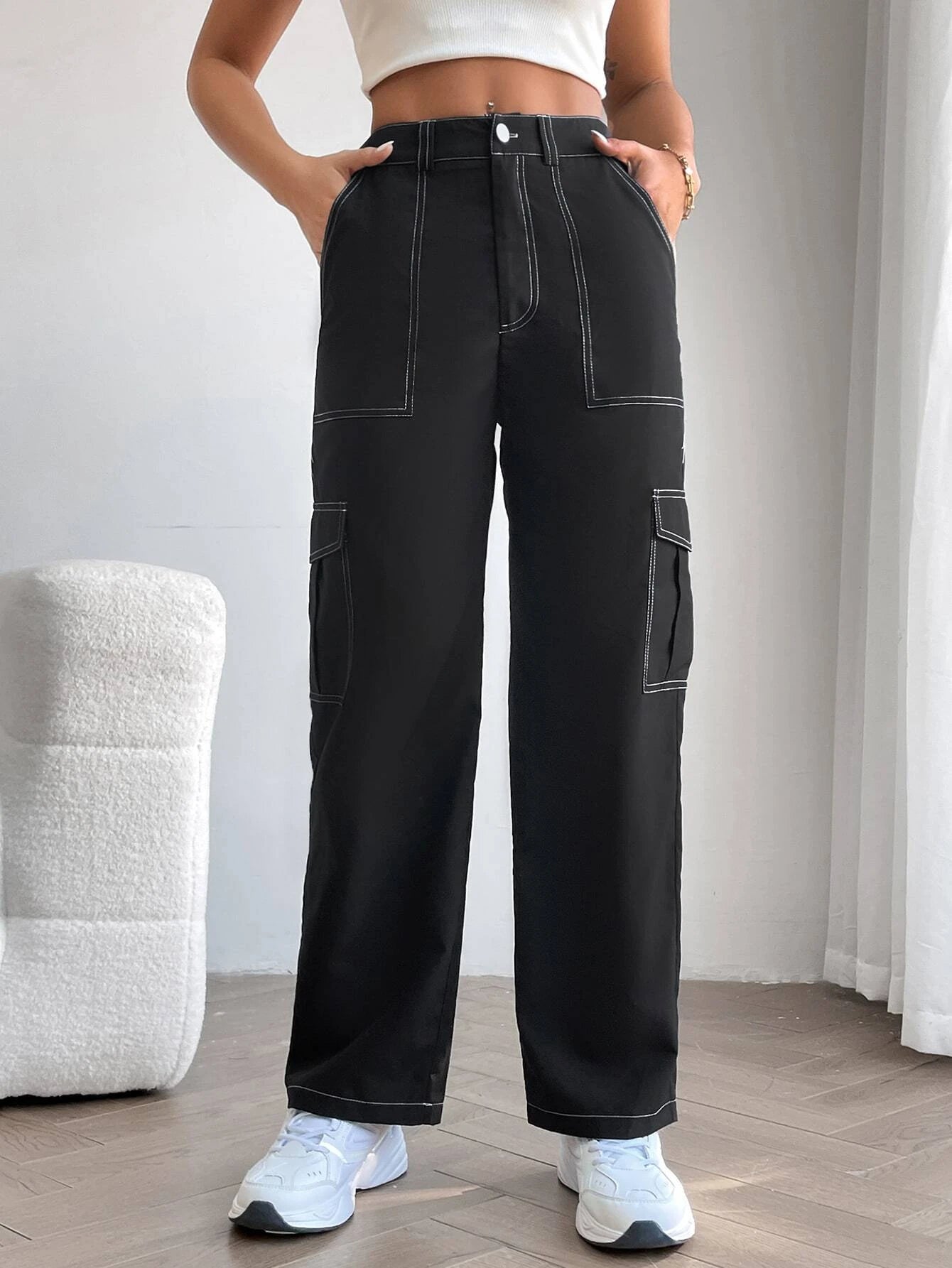 Casual Top Stitching Cargo Pants – waistband detail