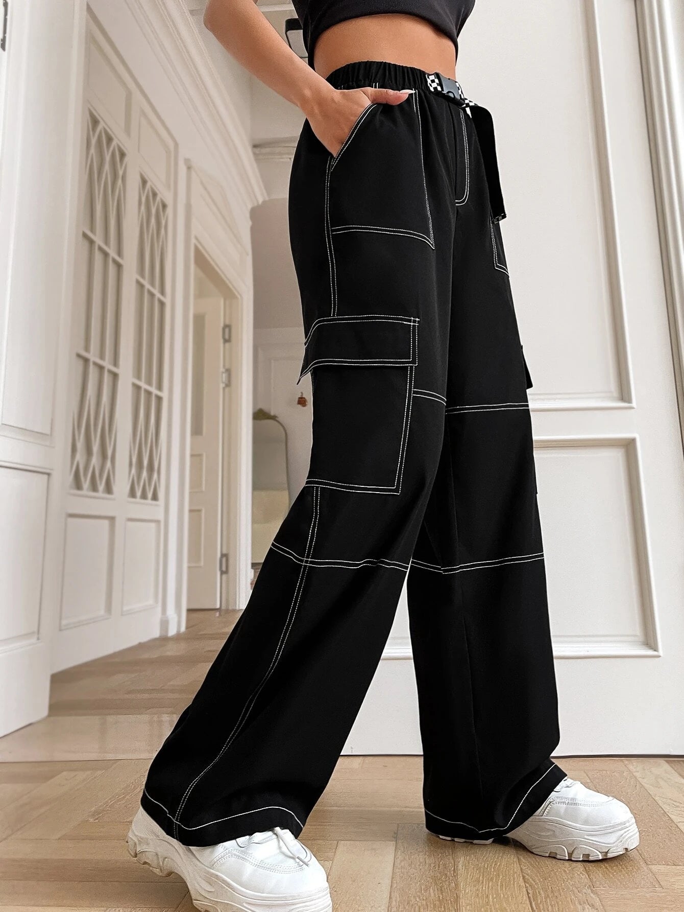 Stitched Flap Pocket Cargo Pants – side profile view