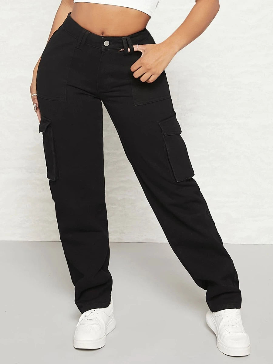 Flap Pocket Side Cargo Jeans in Black – full length outfit view