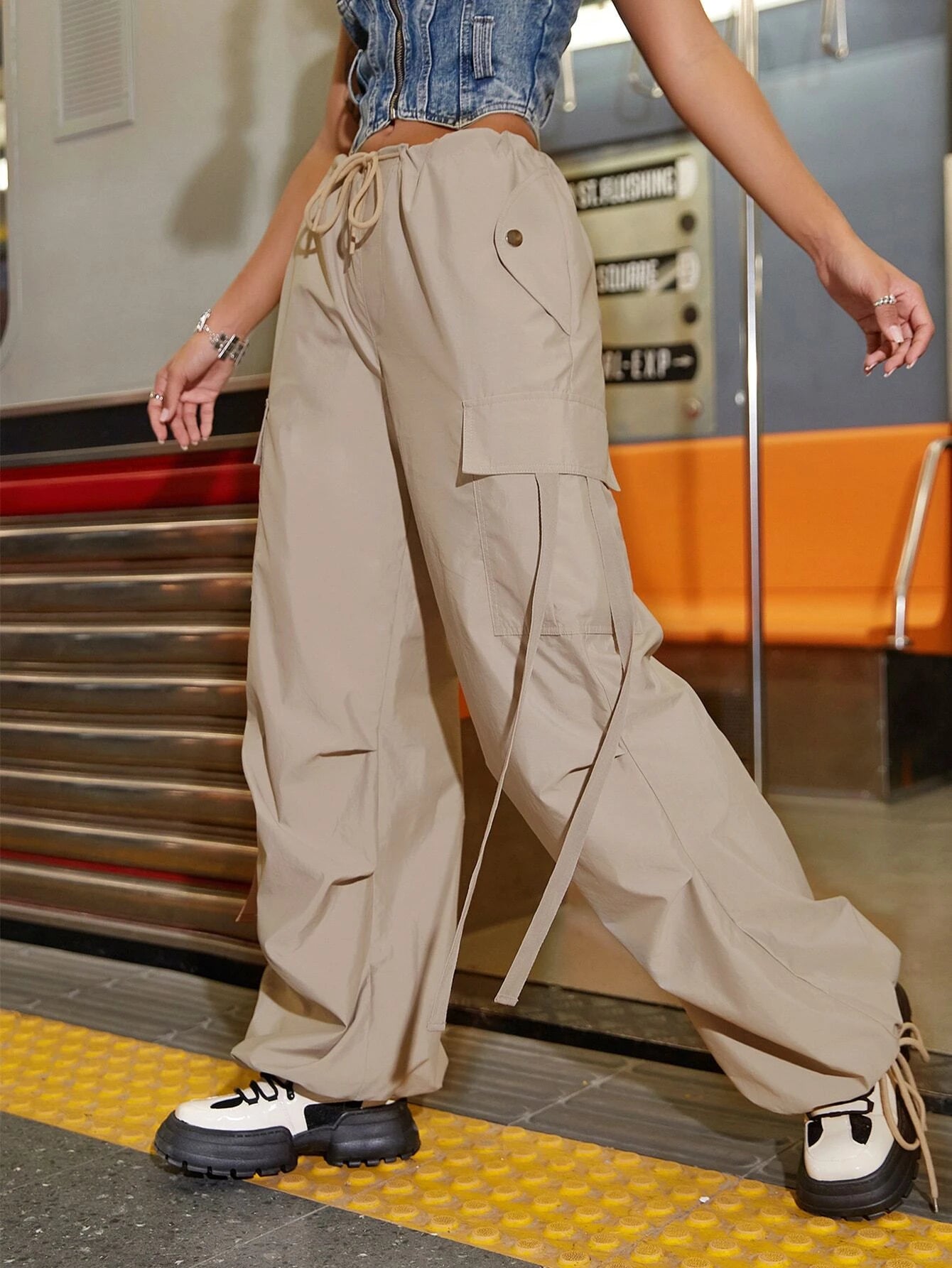 Drawstring Cargo Parachute Pants – full length outfit view