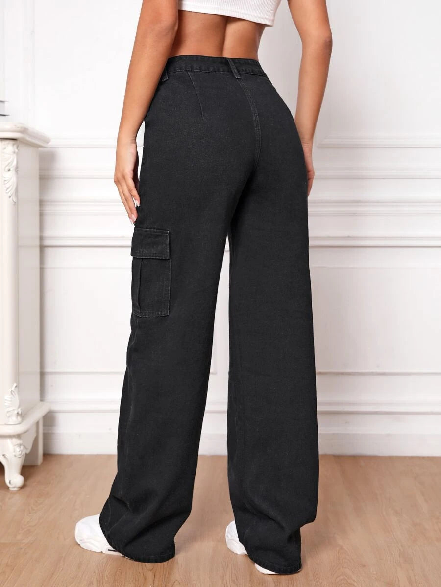 Tall Flap Pocket Cargo Jeans in Black – side profile view