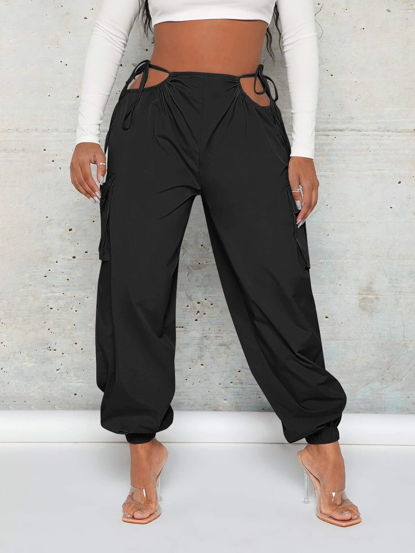 Cut Out Waist Cargo Pants – fabric detail close-up