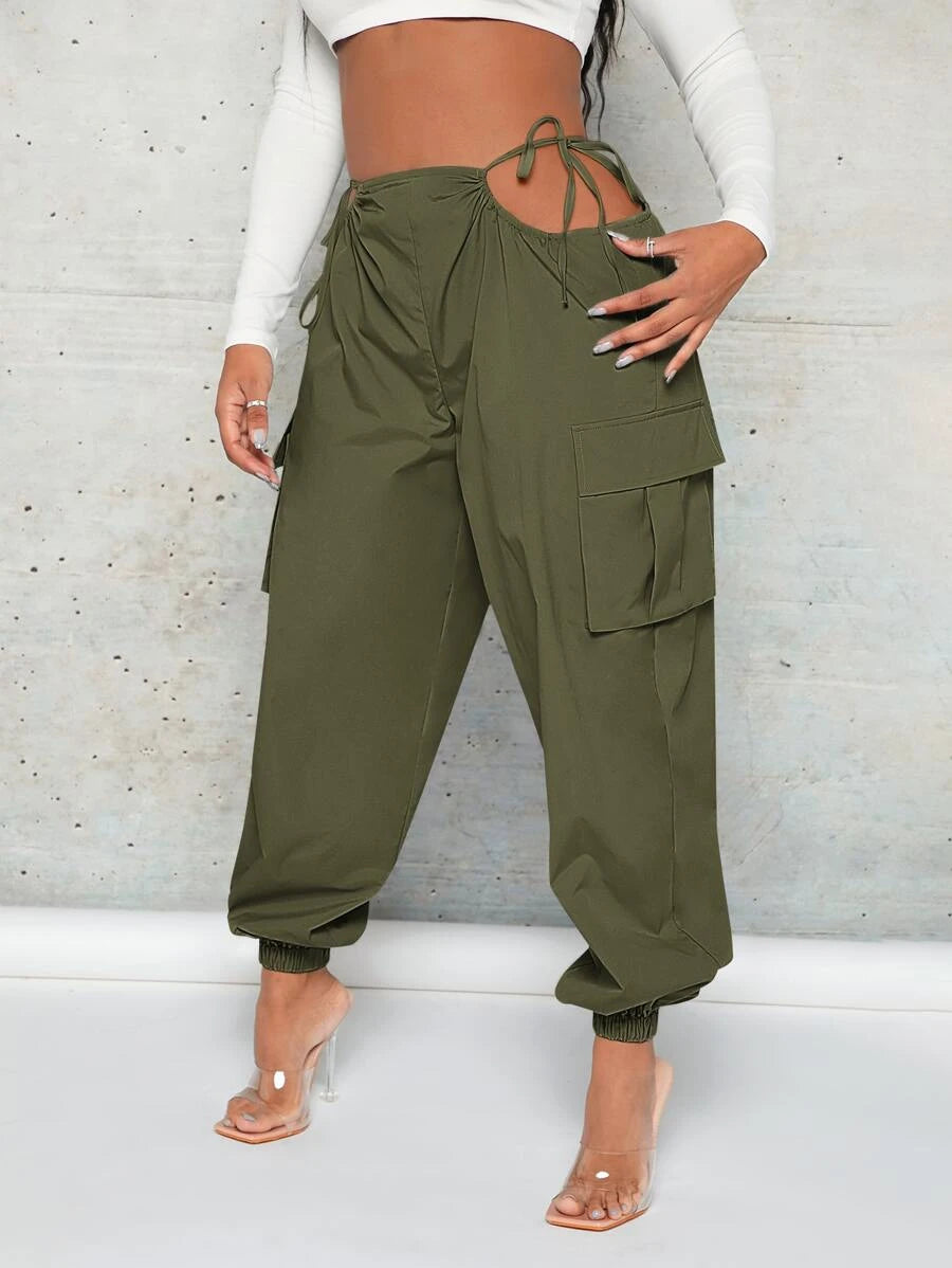 Trendy Cut Out Waist Flap Pocket Cargo Pants – styled outfit view