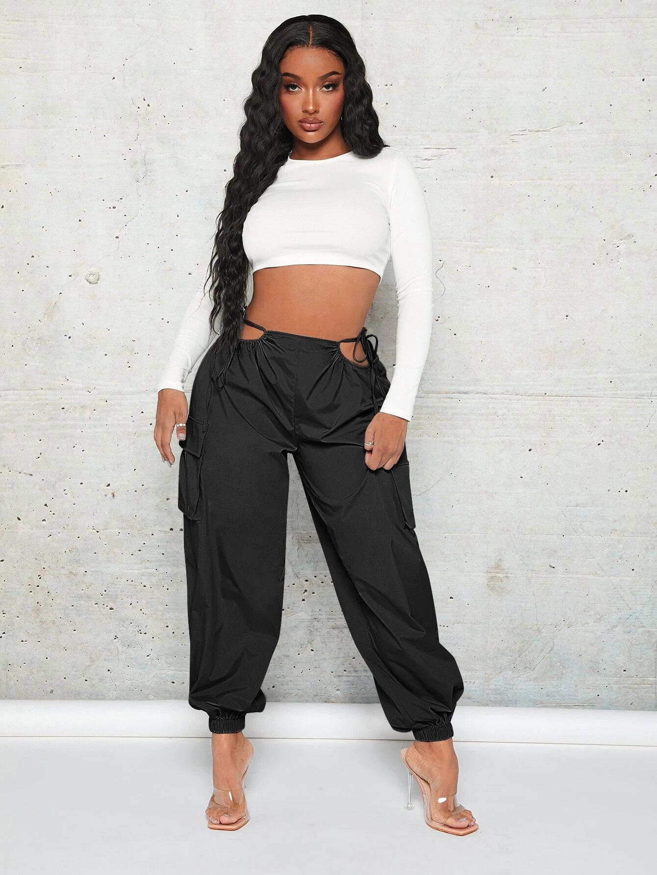 Cut Out Waist Flap Pocket Cargo Pants – styled outfit view