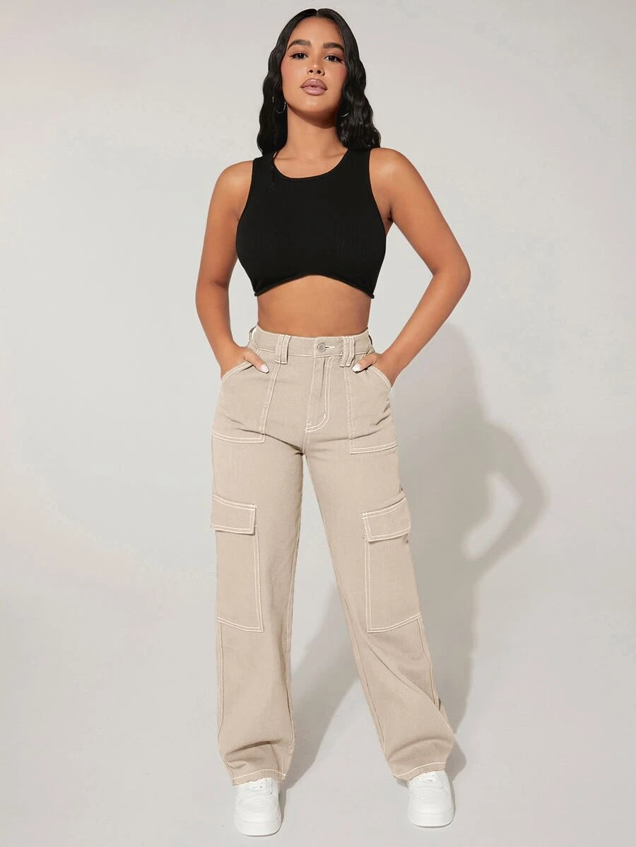 Trendy High Waist Flap Pocket Denim Cargo Jeans – lifestyle view 18