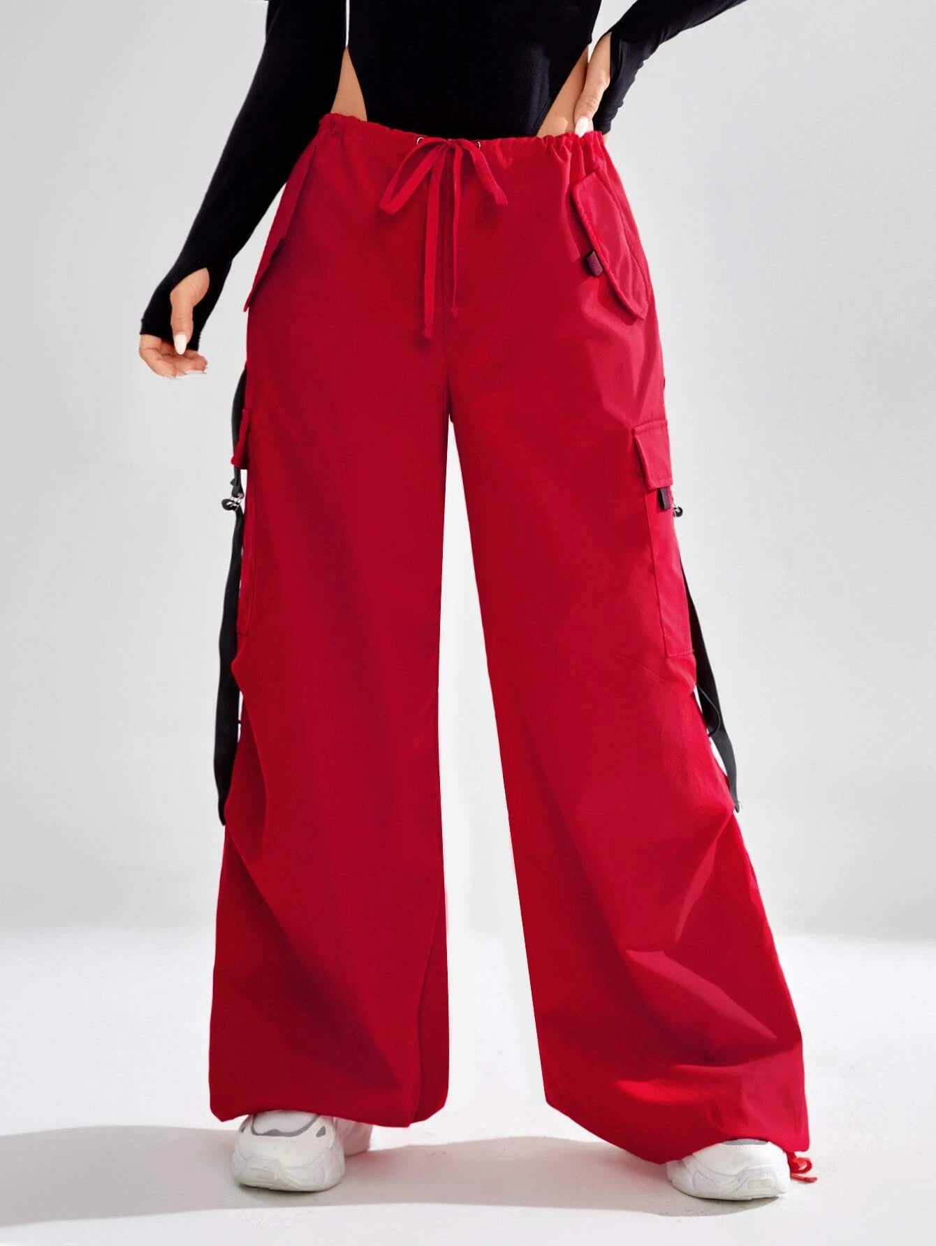 Buckle Strap Detail Flap Pocket Parachute Cargo Pants – side profile view