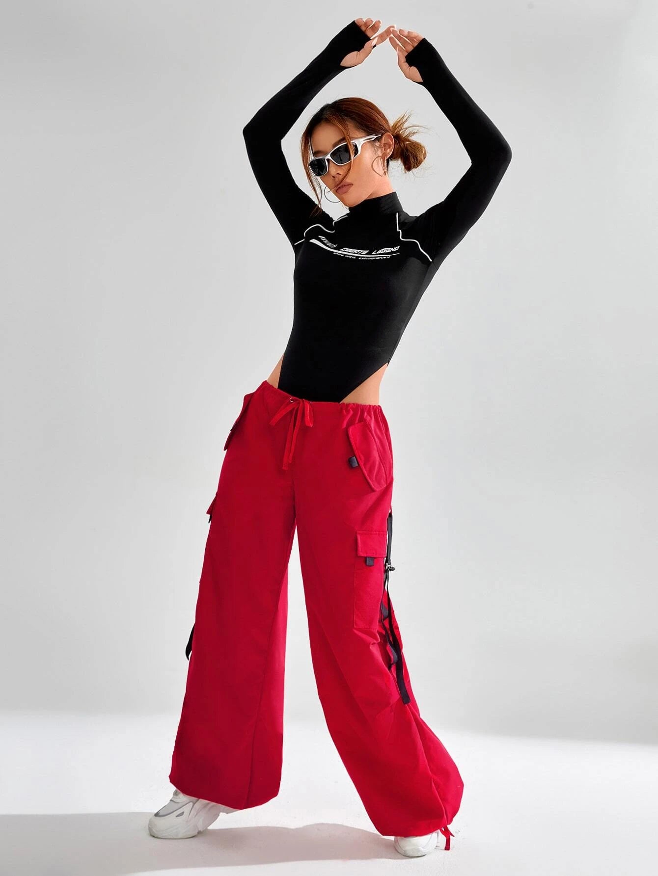 Buckle Strap Detail Flap Pocket Parachute Cargo Pants – back view detail