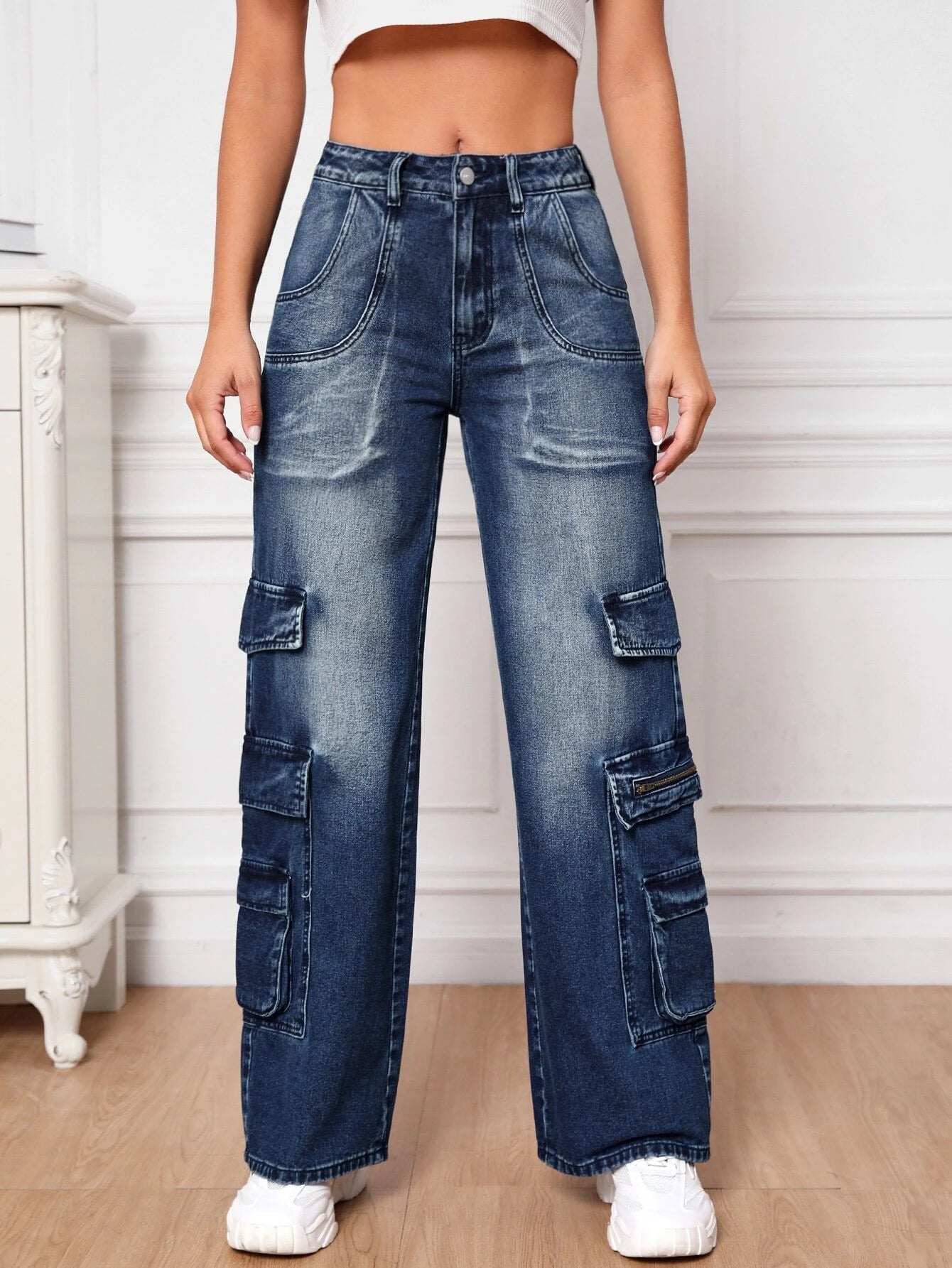 Wide Length Pocket Cargo Jeans – full length outfit view