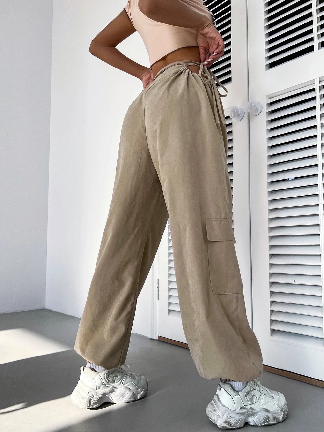 Casual Plain Drawstring Waist Cargo Pant – styled outfit view