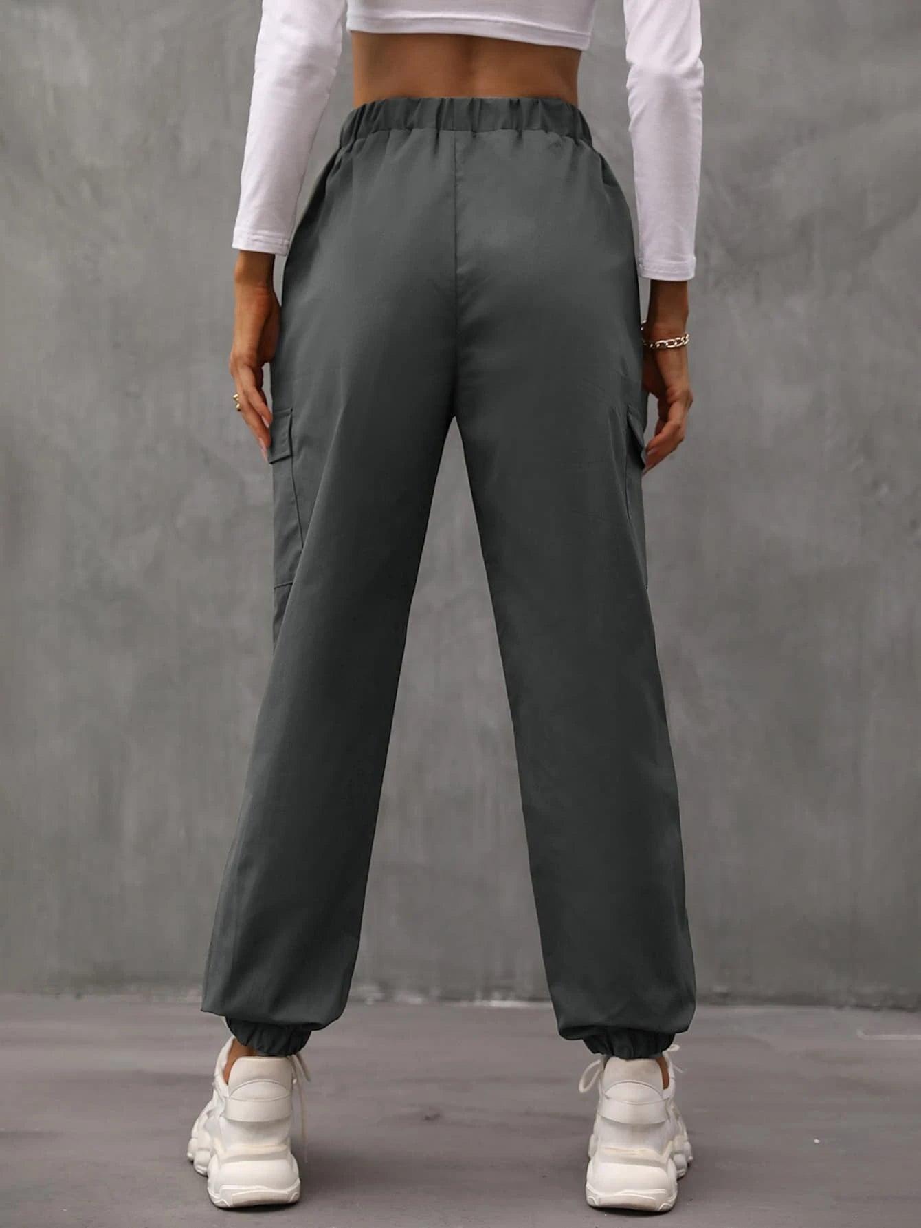 Drawstring Waist Flap Pocket Cargo Pants – side profile view