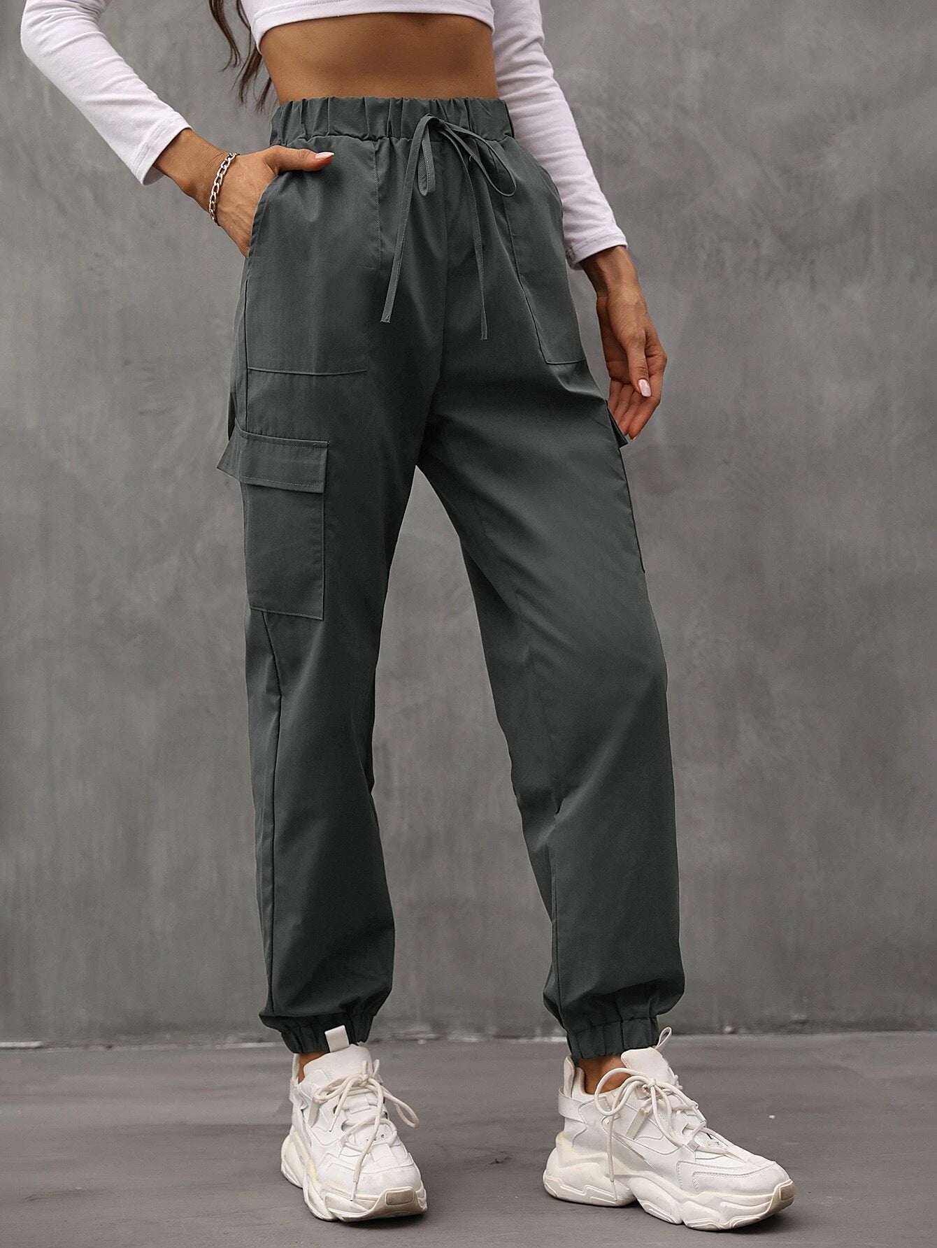Drawstring Waist Flap Pocket Cargo Pants – back view detail