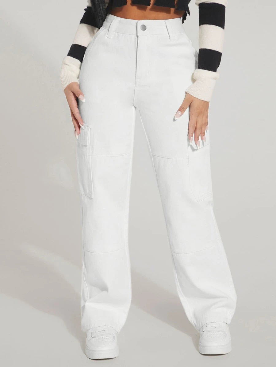 Trendy Flap Pocket High Waist Denim Cargo Jeans – lifestyle view 19