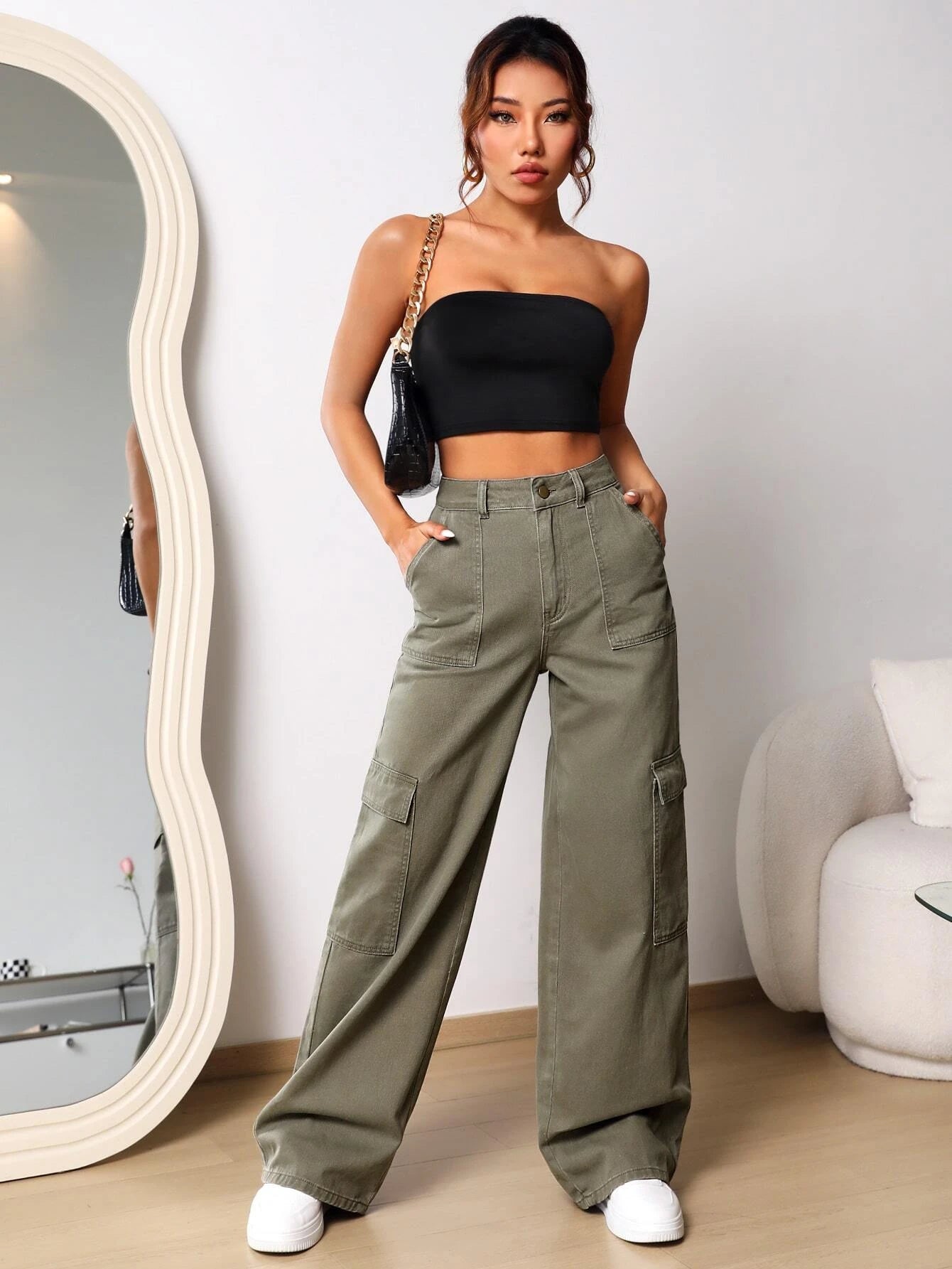 Flap Pocket Wide Length Jeans – side profile view