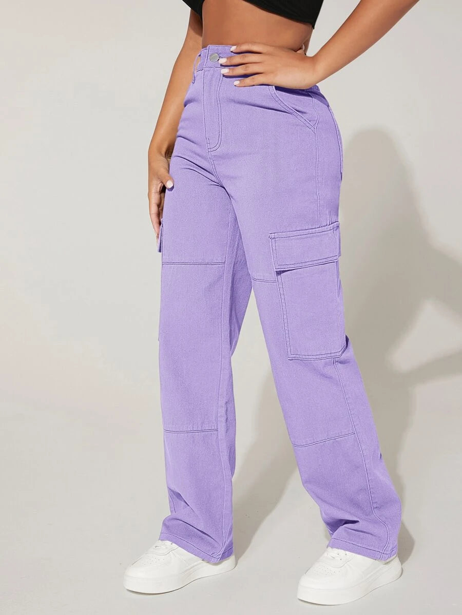 Trendy Flap Pocket High Waist Denim Cargo Jeans – lifestyle view 27