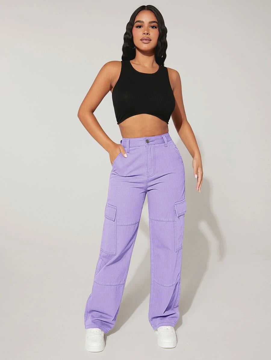 Trendy Flap Pocket High Waist Denim Cargo Jeans – lifestyle view 25
