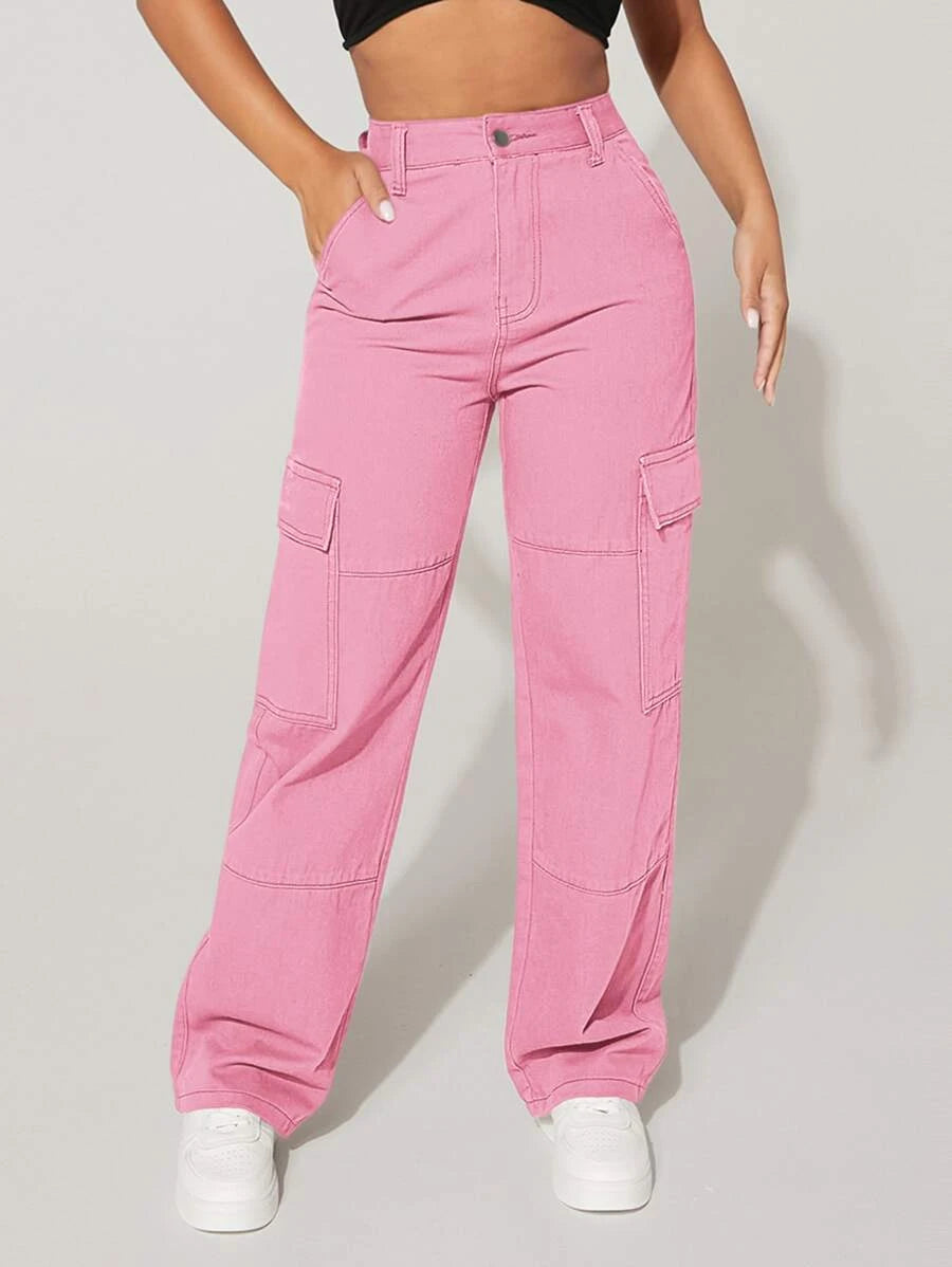 Trendy Flap Pocket High Waist Denim Cargo Jeans – lifestyle view 14