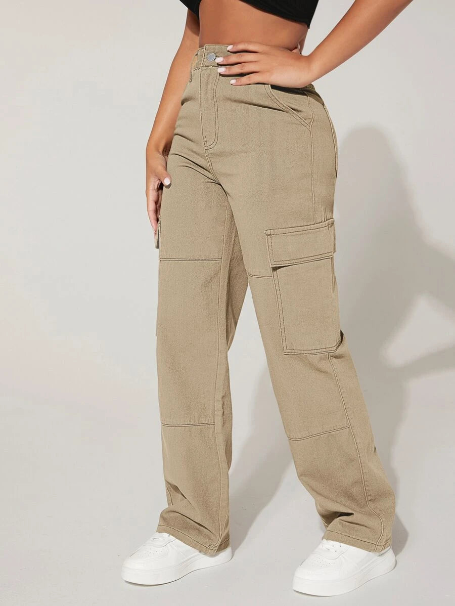 Trendy Flap Pocket High Waist Denim Cargo Jeans – lifestyle view 12