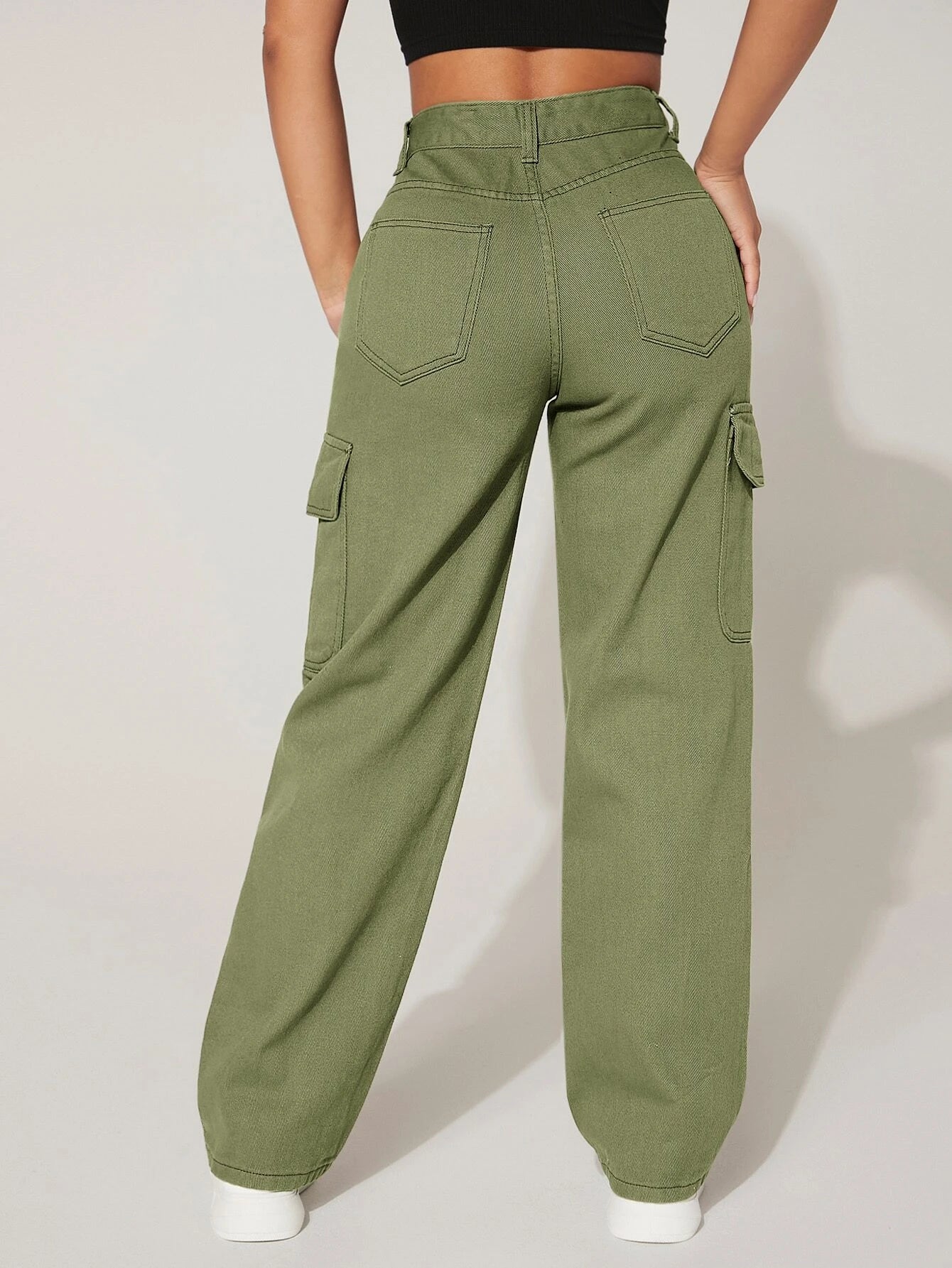 High Waist Functional Flap Pocket Cargo Jeans – fabric detail close-up