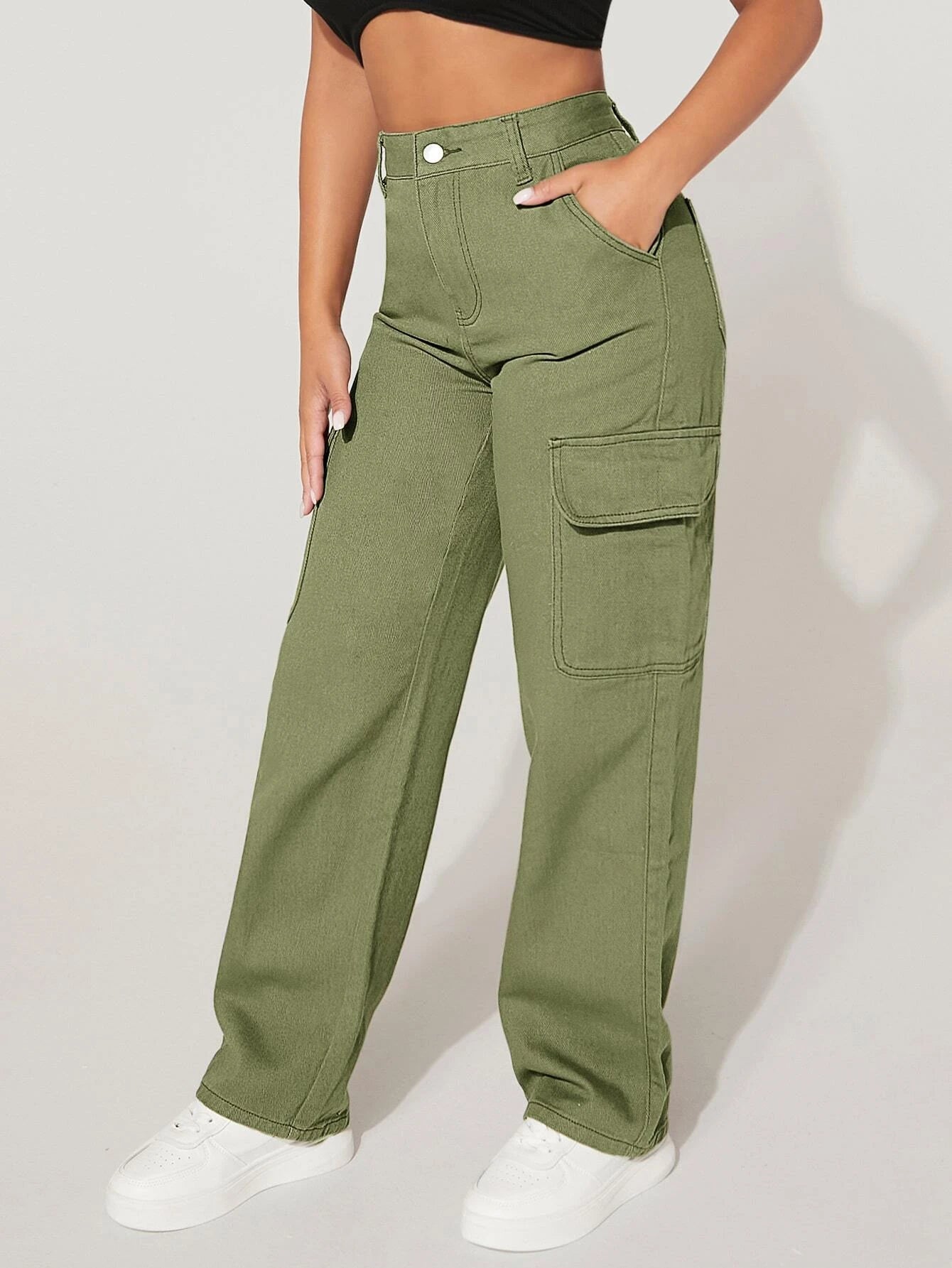 High Waist Functional Flap Pocket Cargo Jeans – fit and style view