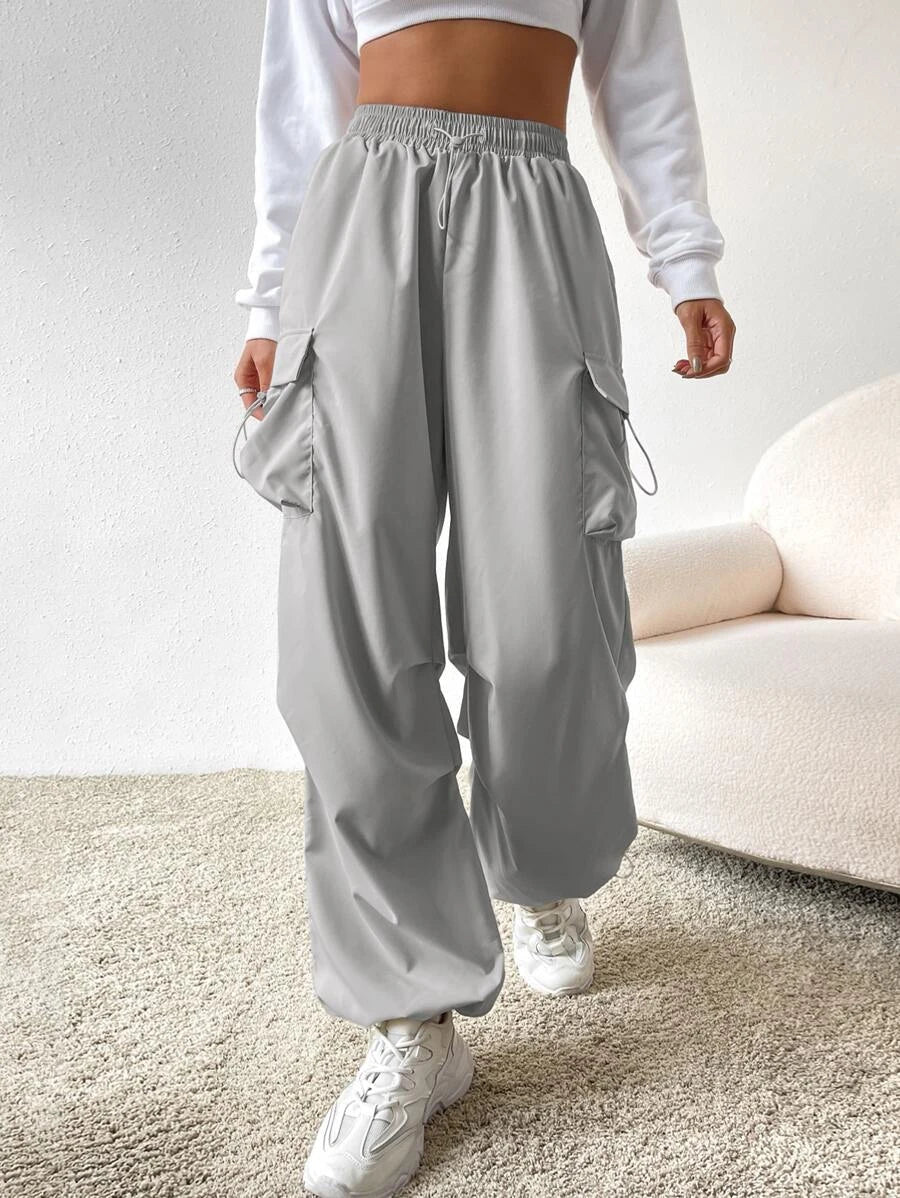 Flap Pocket Side Drawstring Waist Cargo Pants in Black #s-14 – lifestyle view 75